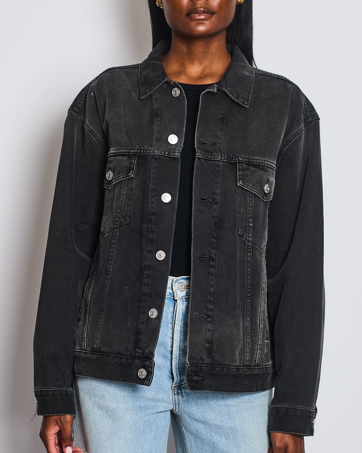 Balenciaga Black Distressed Oversized Denim Jacket with Crystal Logo Detail Size FR 34 (UK 6)