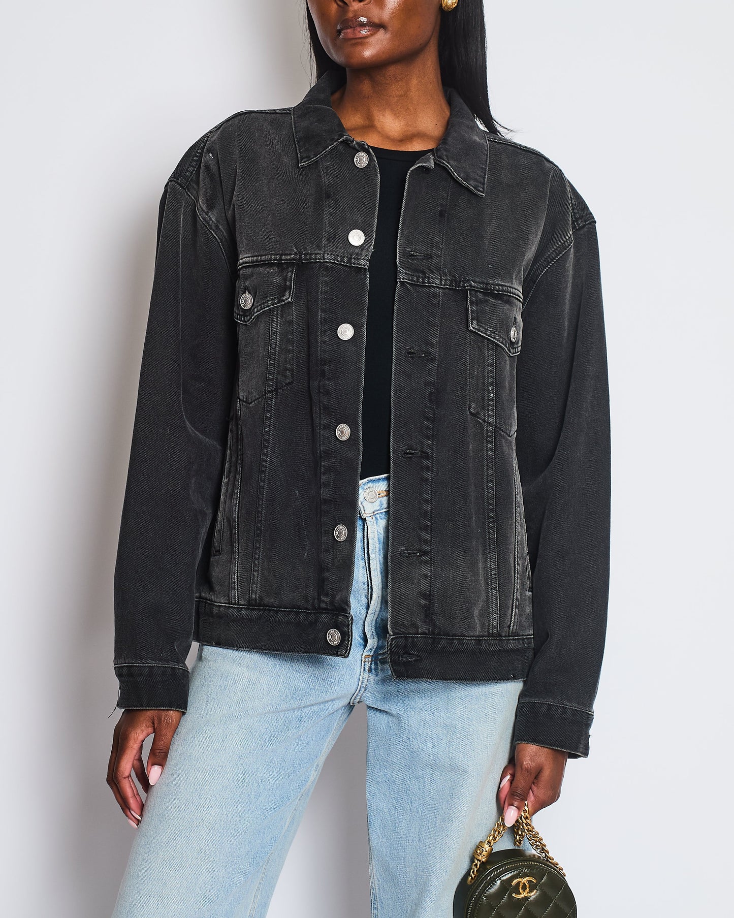 Balenciaga Black Distressed Oversized Denim Jacket with Crystal Logo Detail Size FR 34 (UK 6)