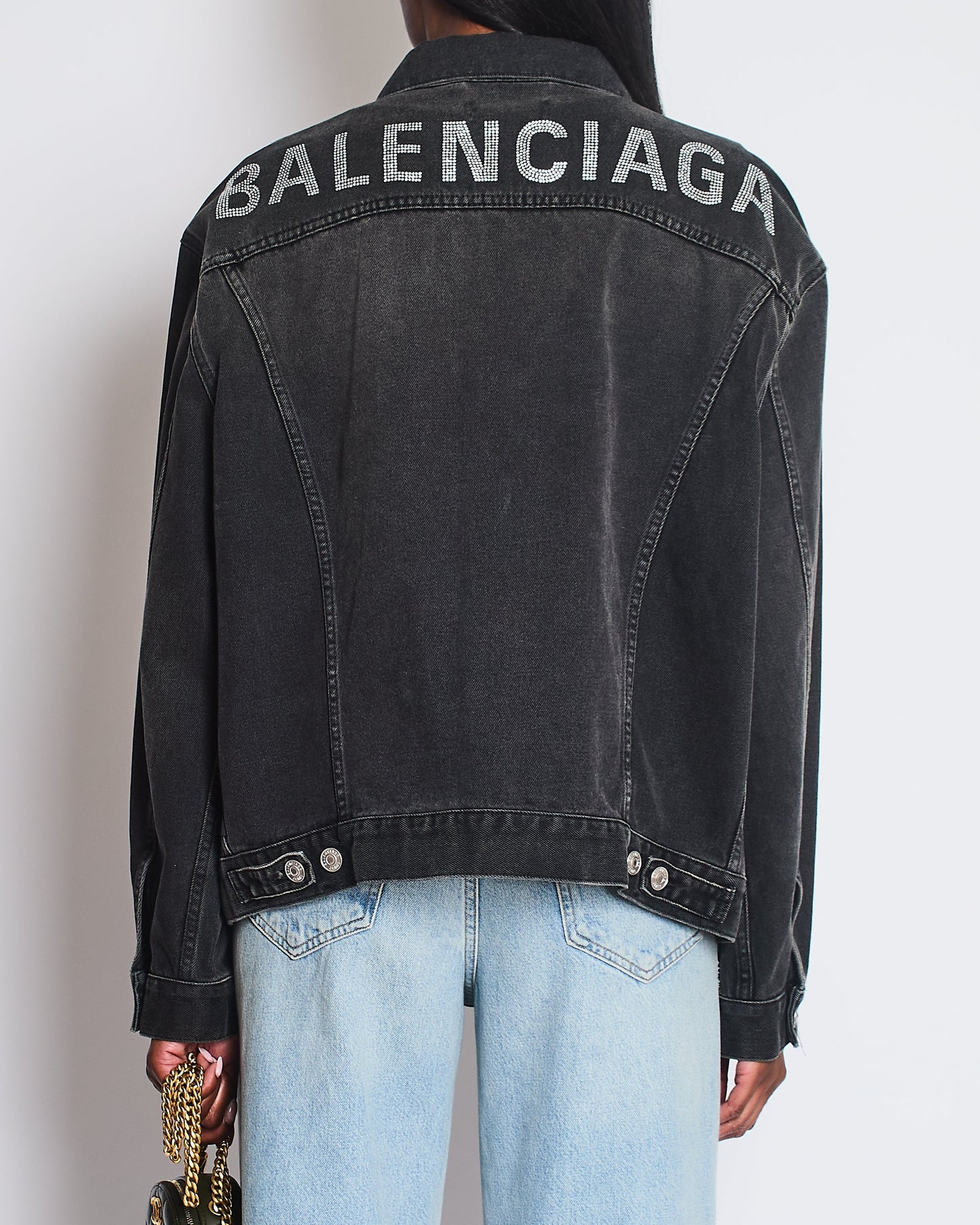 Balenciaga Black Distressed Oversized Denim Jacket with Crystal Logo Detail Size FR 34 (UK 6)
