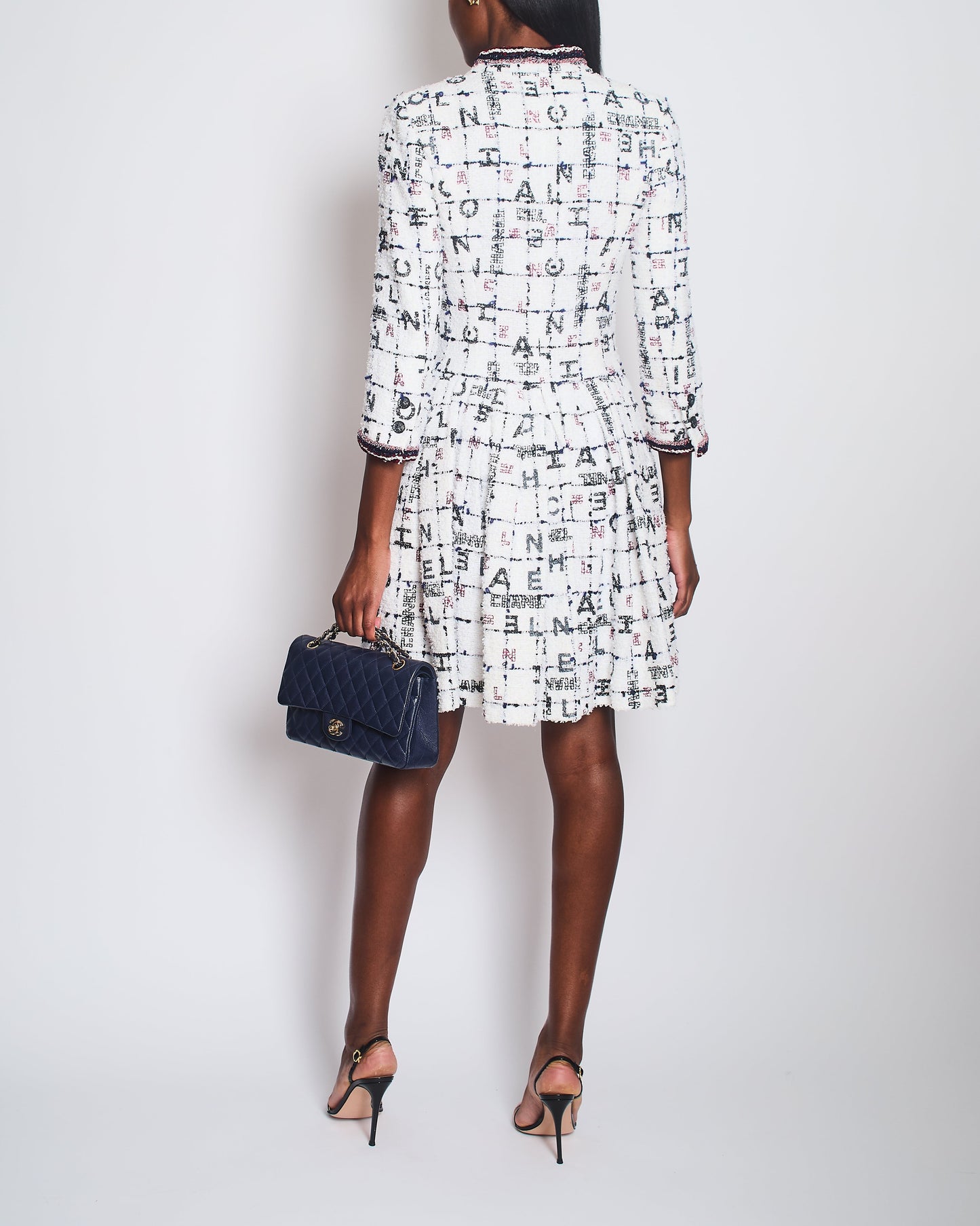 *RUNWAY* Chanel 20S White, Blue & Red Tweed Long Sleeve Midi Dress with Black Embellished Buttons and Logo Details FR 36 (UK 8)