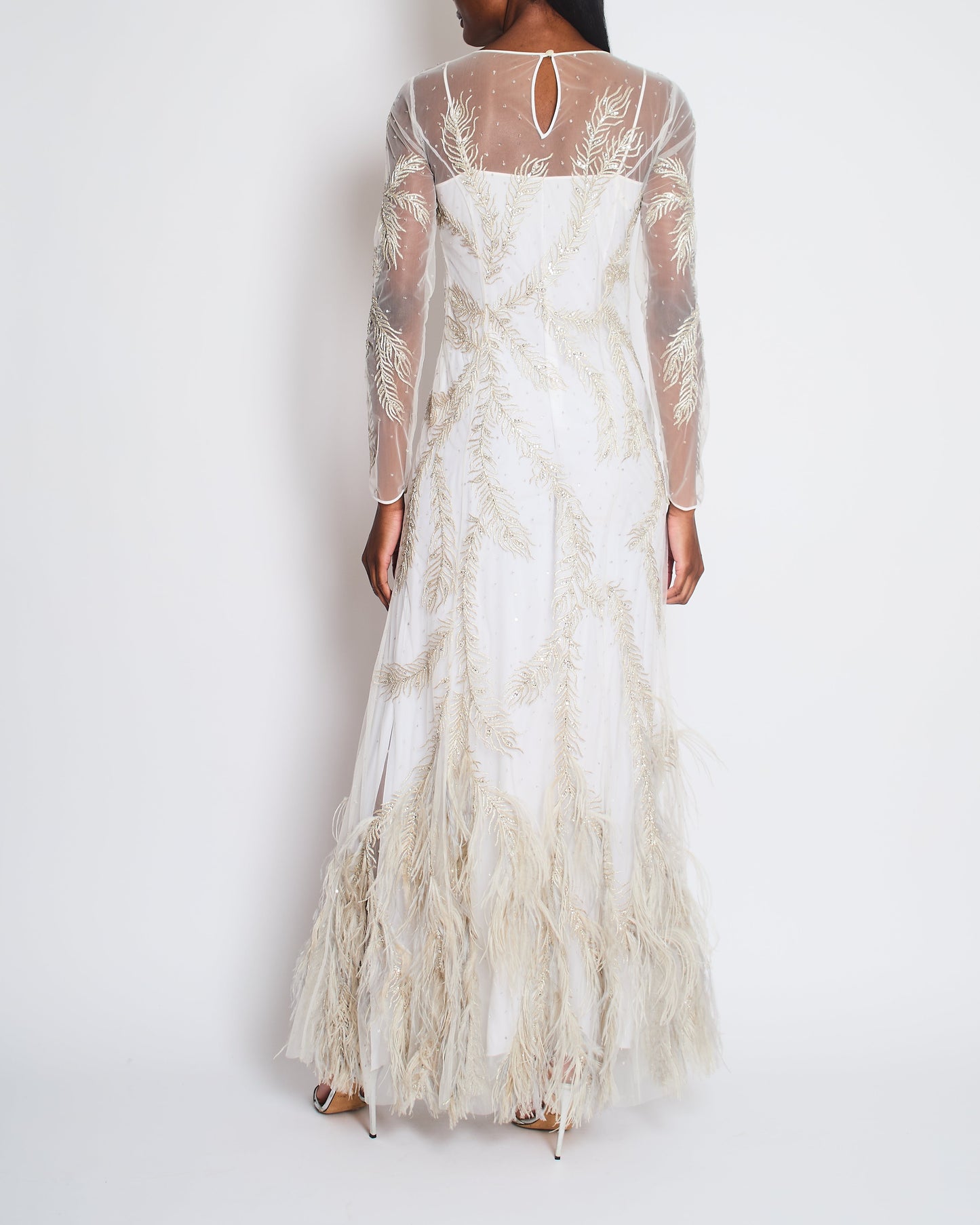 Brunello Cucinelli White Long Sleeve Feather Embellished Gown Size IT 40 (UK 8)