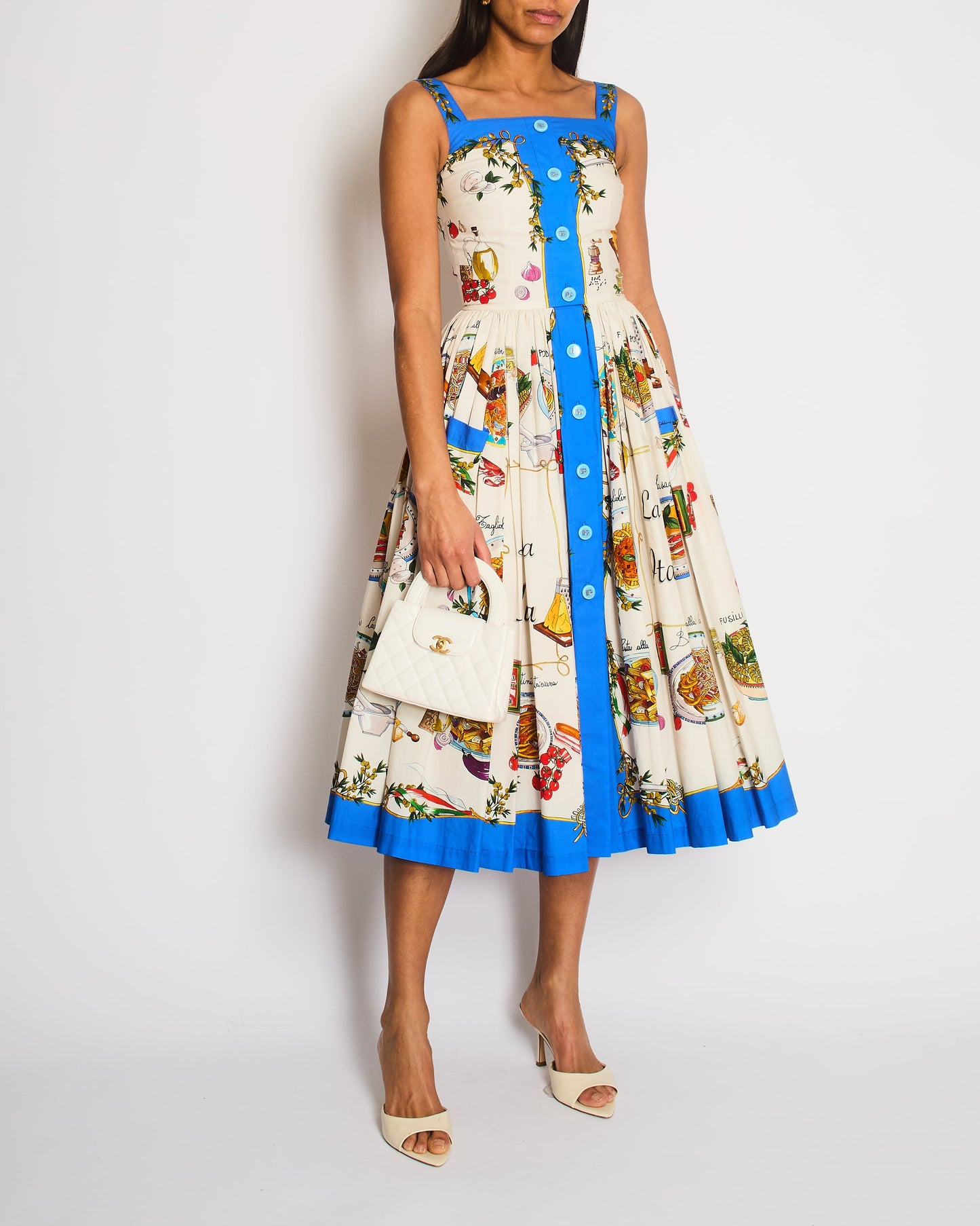 Dolce Gabbana Pasta Print White & Blue Midi Dress Size IT 38 (UK 6)