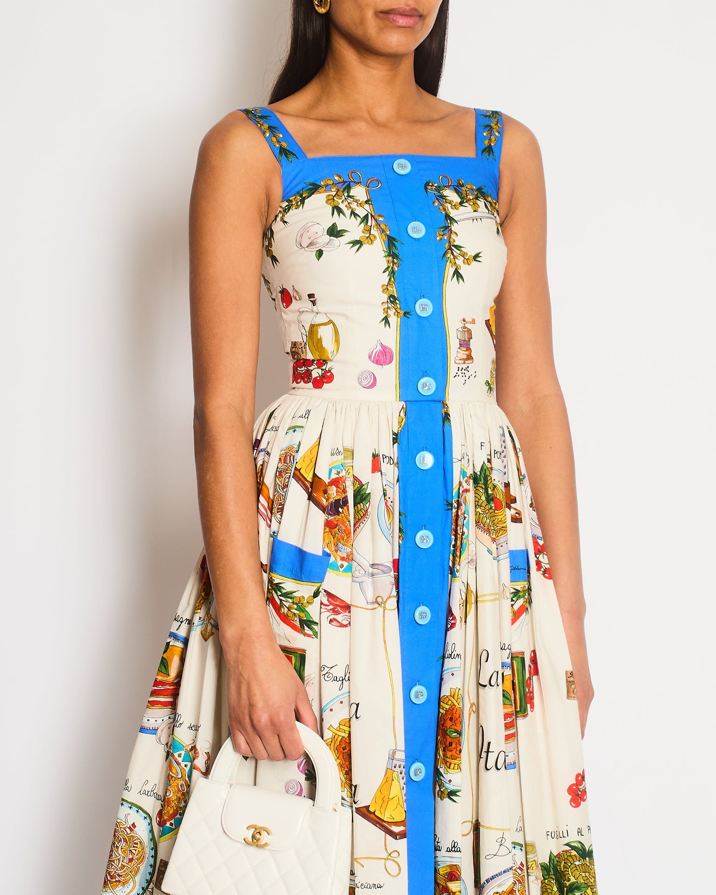 Dolce Gabbana Pasta Print White & Blue Midi Dress Size IT 38 (UK 6)