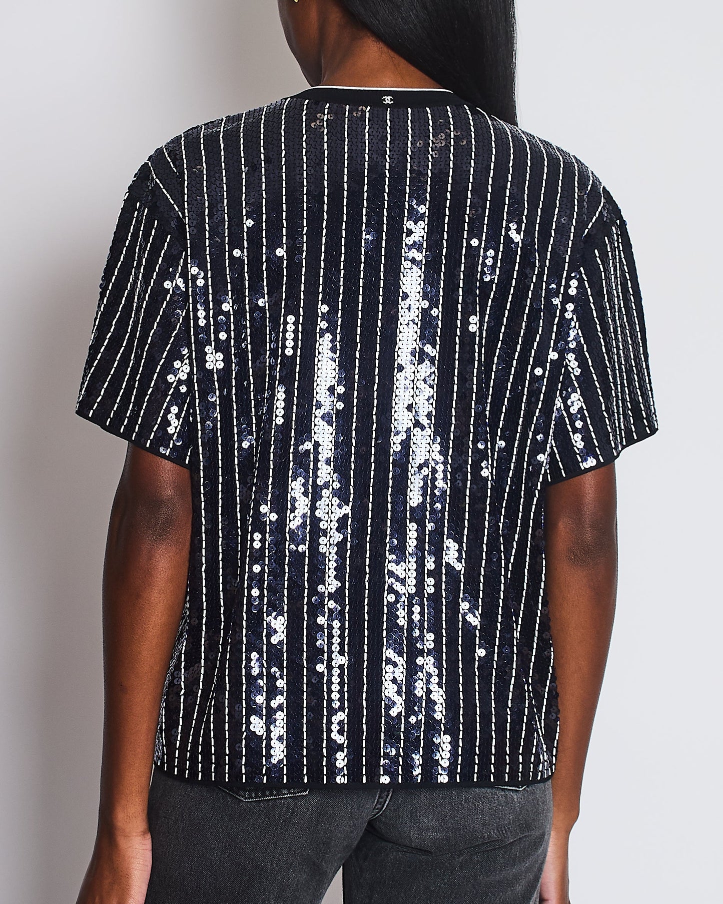Chanel Spring/Summer 2023 Navy and White Striped Sequins T-Shirt with CC Logo Size FR 40 (UK 12)