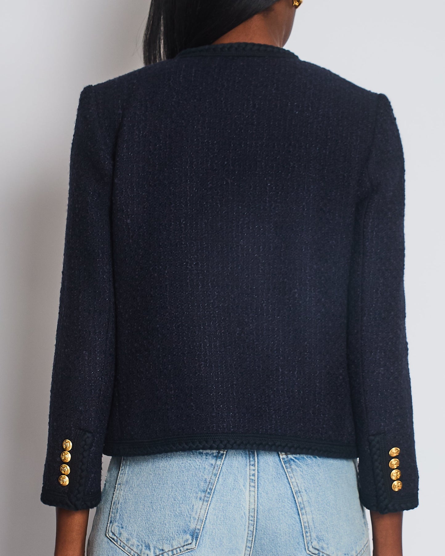 Celine Navy Tweed Round Neck Jacket with Logo Button Detail Size FR 34 (UK 6)