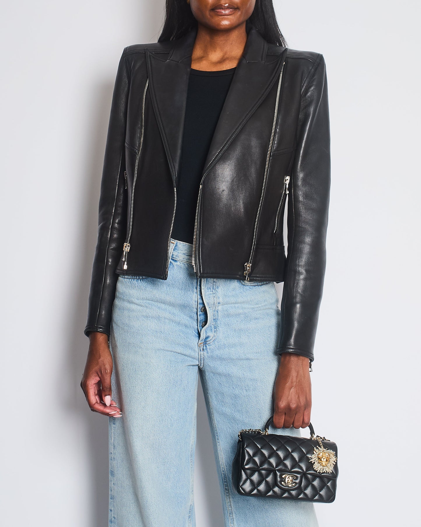 Balmain Black Leather Jacket with Silver Zippers Detail Size FR 40 (UK 12)