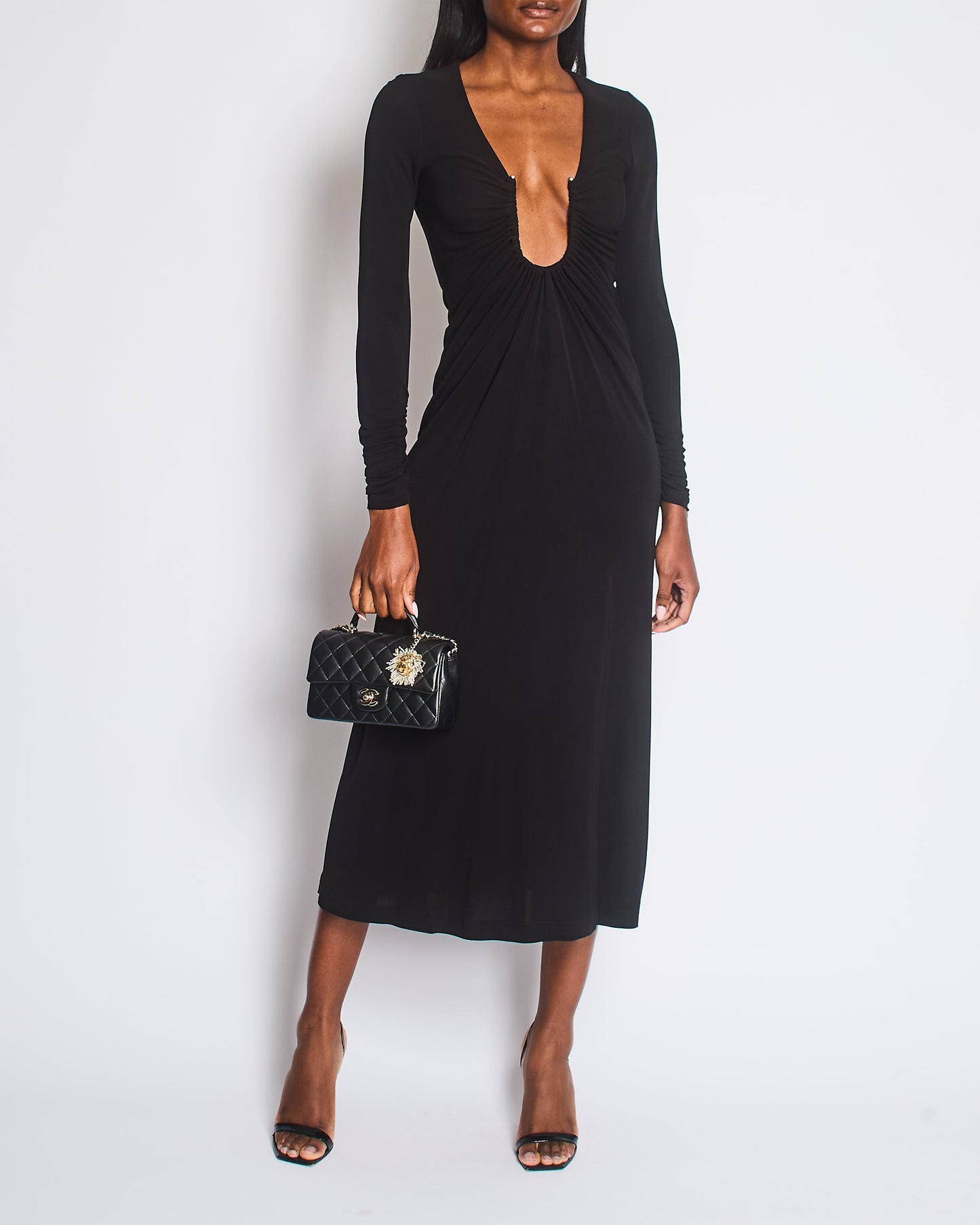 Christopher Esber Black Gathered Plunge Arced Palm Cutout Maxi Dress Size UK 6