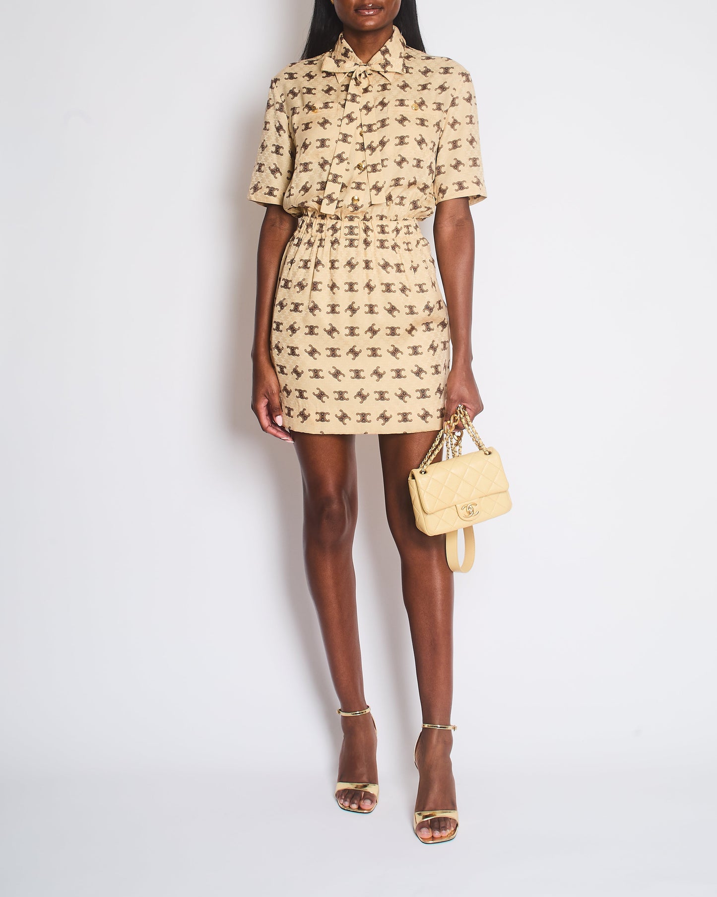 Celine Beige and Brown Arc de Triomphe Printed Mid-Length Dress with Lapel Detail Size FR 34 (UK 6)