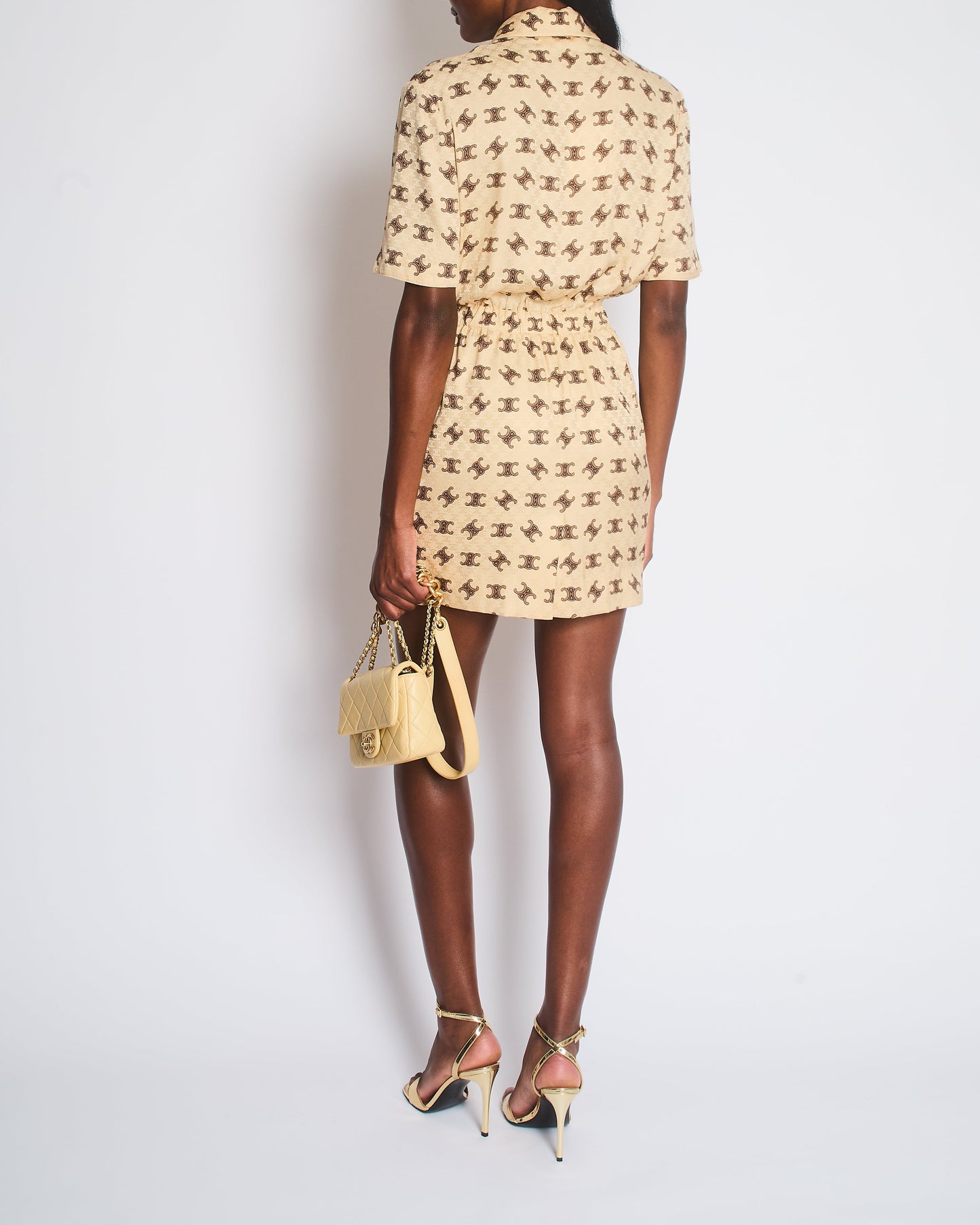 Celine Beige and Brown Arc de Triomphe Printed Mid-Length Dress with Lapel Detail Size FR 34 (UK 6)