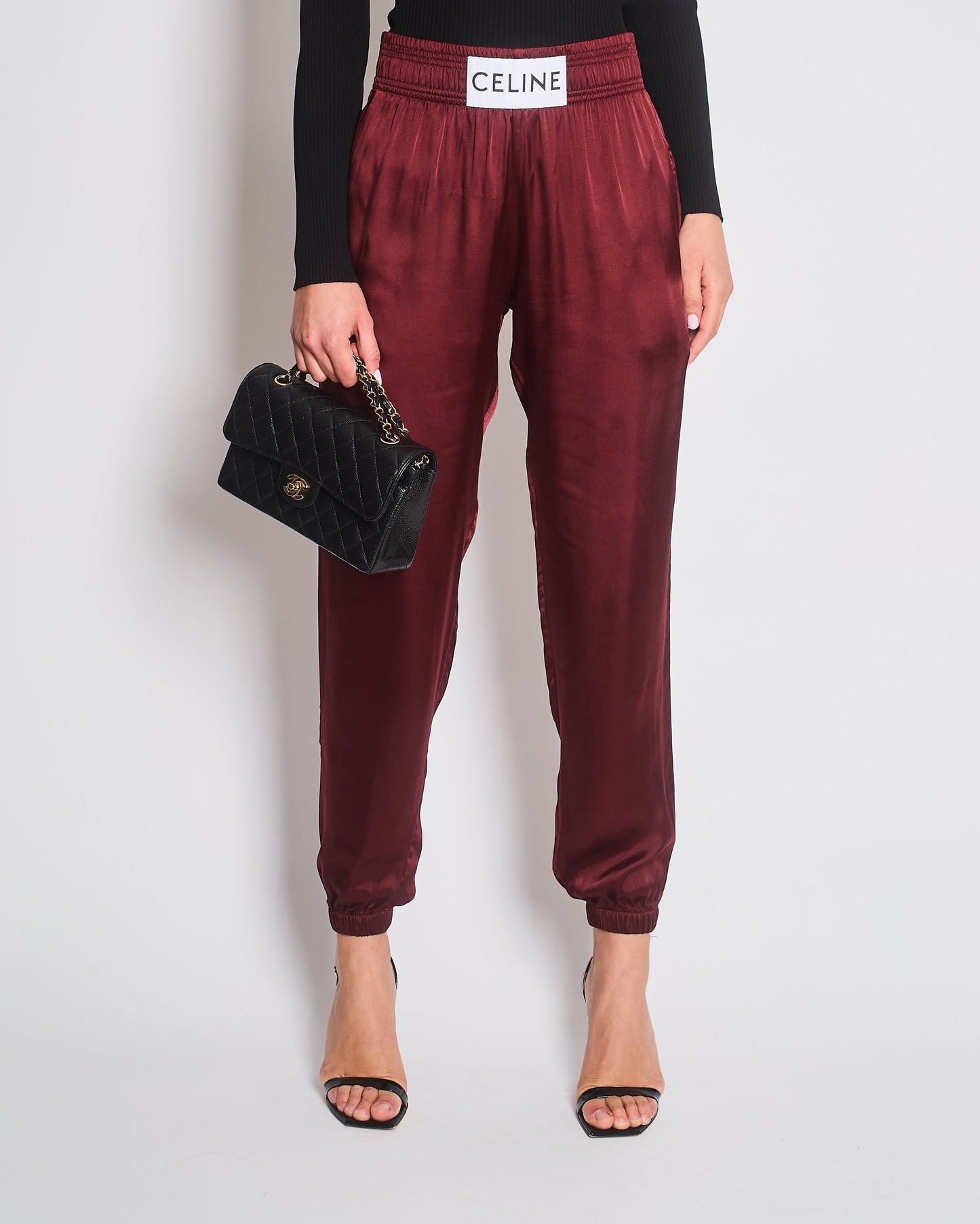 Celine Burgundy Satin Boxing Tro rs with Cuffed Hems and Waistband Logo Detail Size FR 34 (UK 6)