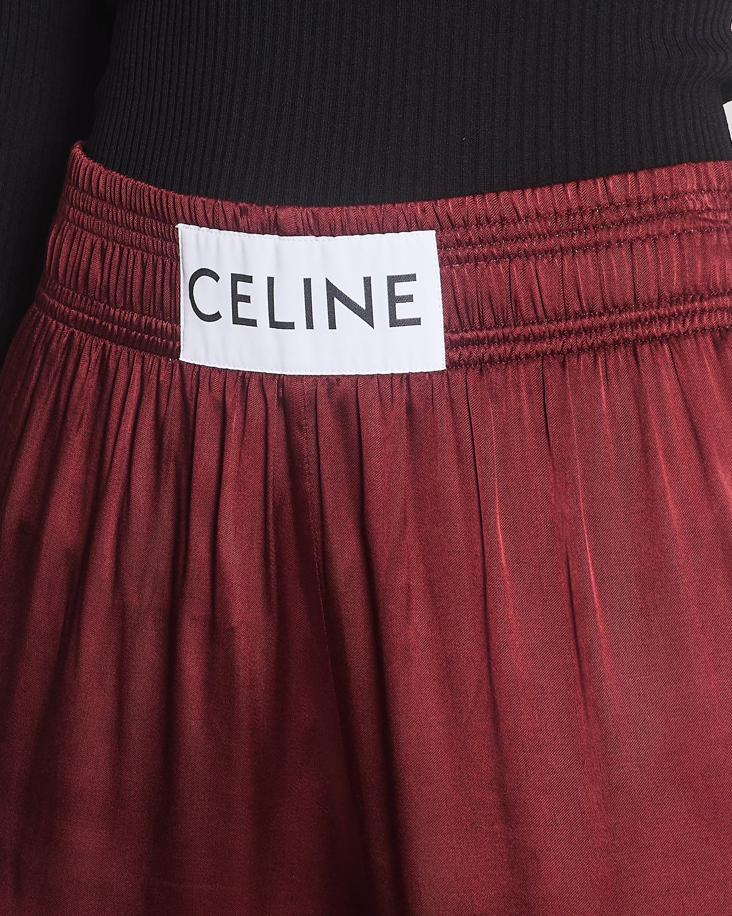 Celine Burgundy Satin Boxing Tro rs with Cuffed Hems and Waistband Logo Detail Size FR 34 (UK 6)