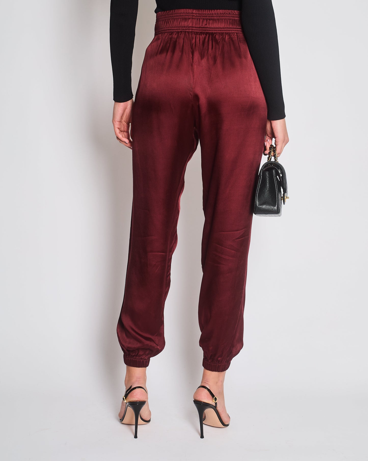 Celine Burgundy Satin Boxing Tro rs with Cuffed Hems and Waistband Logo Detail Size FR 34 (UK 6)