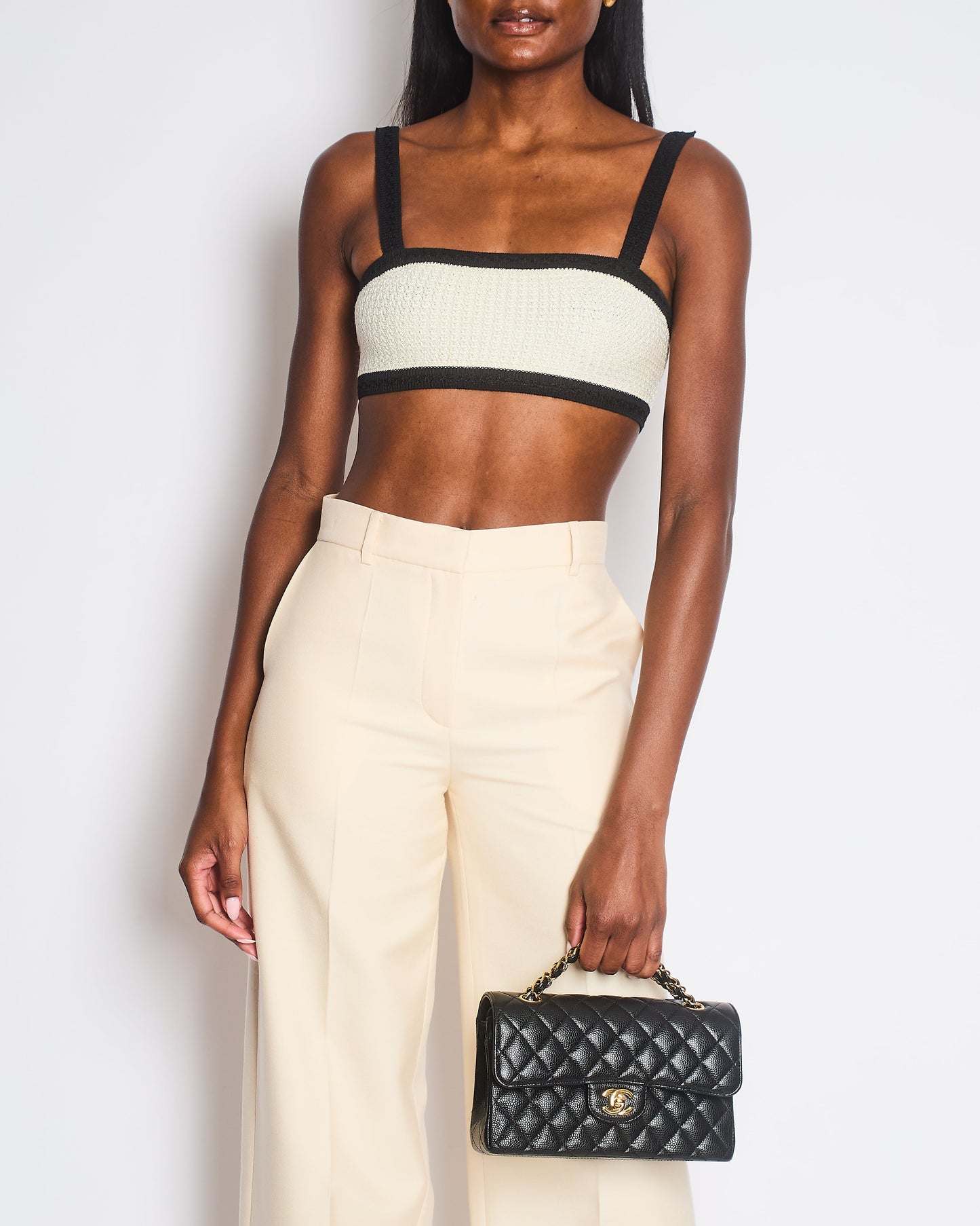 Chanel 24P Cream Black Tweed Bralette Top with Black CC Buttons Detail Size FR 34 (UK 6)