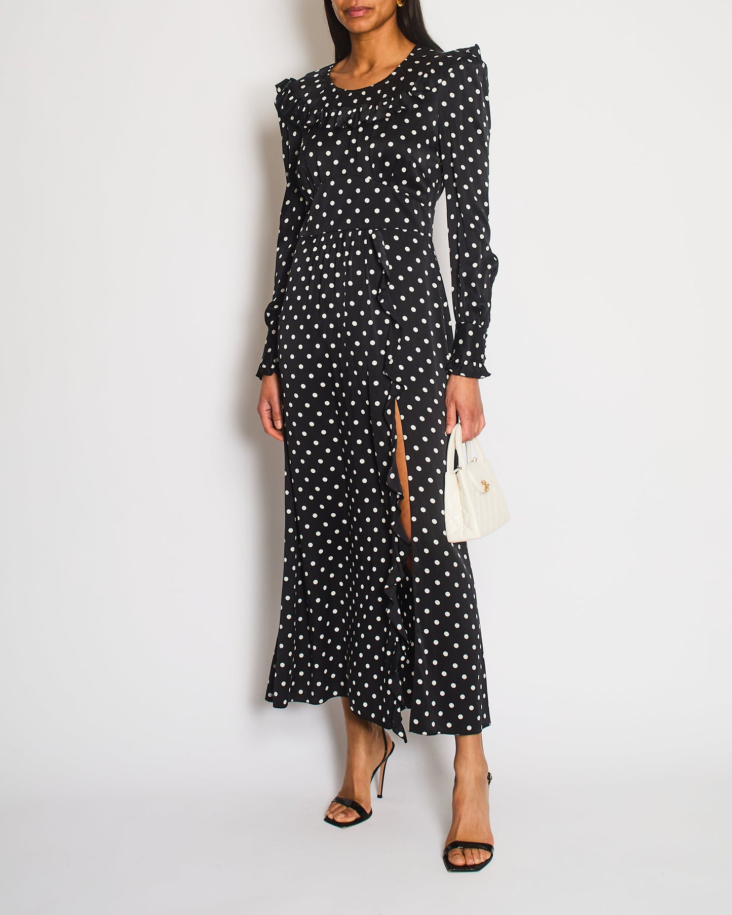 Alessandra Rich Black and White Silk Polkadot Midi Dress with Ruffle Details Size IT 42 (UK 10)