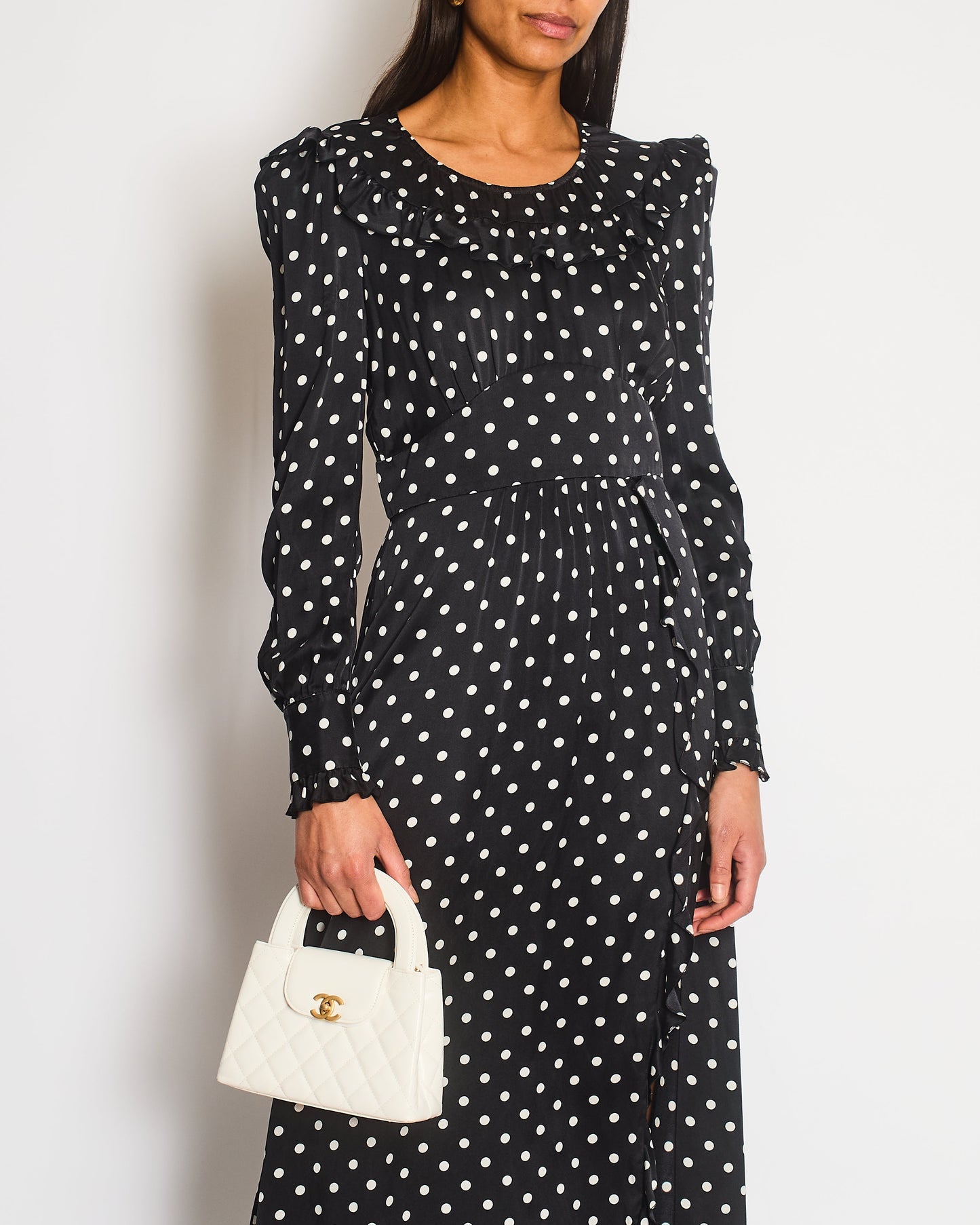 Alessandra Rich Black and White Silk Polkadot Midi Dress with Ruffle Details Size IT 42 (UK 10)