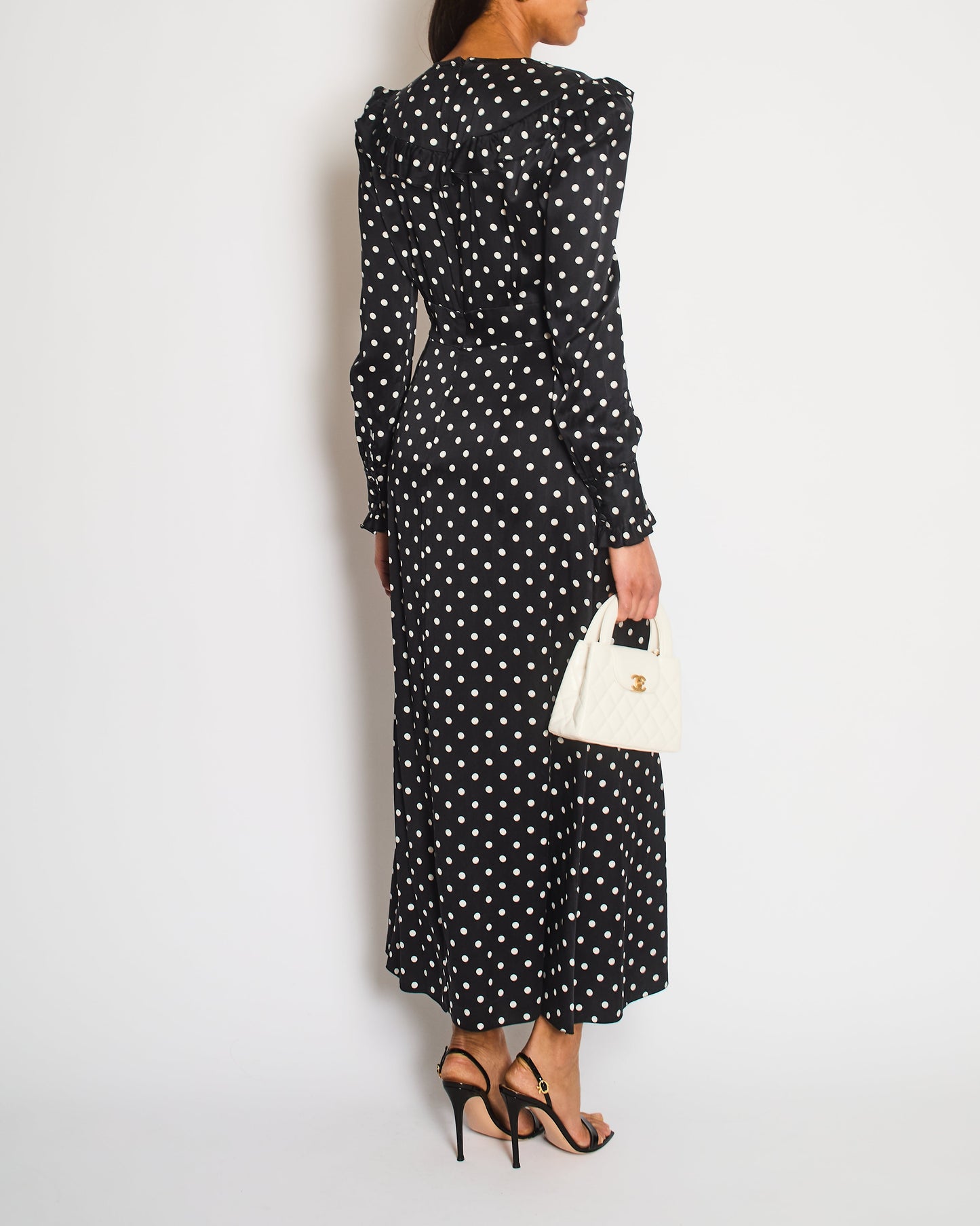 Alessandra Rich Black and White Silk Polkadot Midi Dress with Ruffle Details Size IT 42 (UK 10)