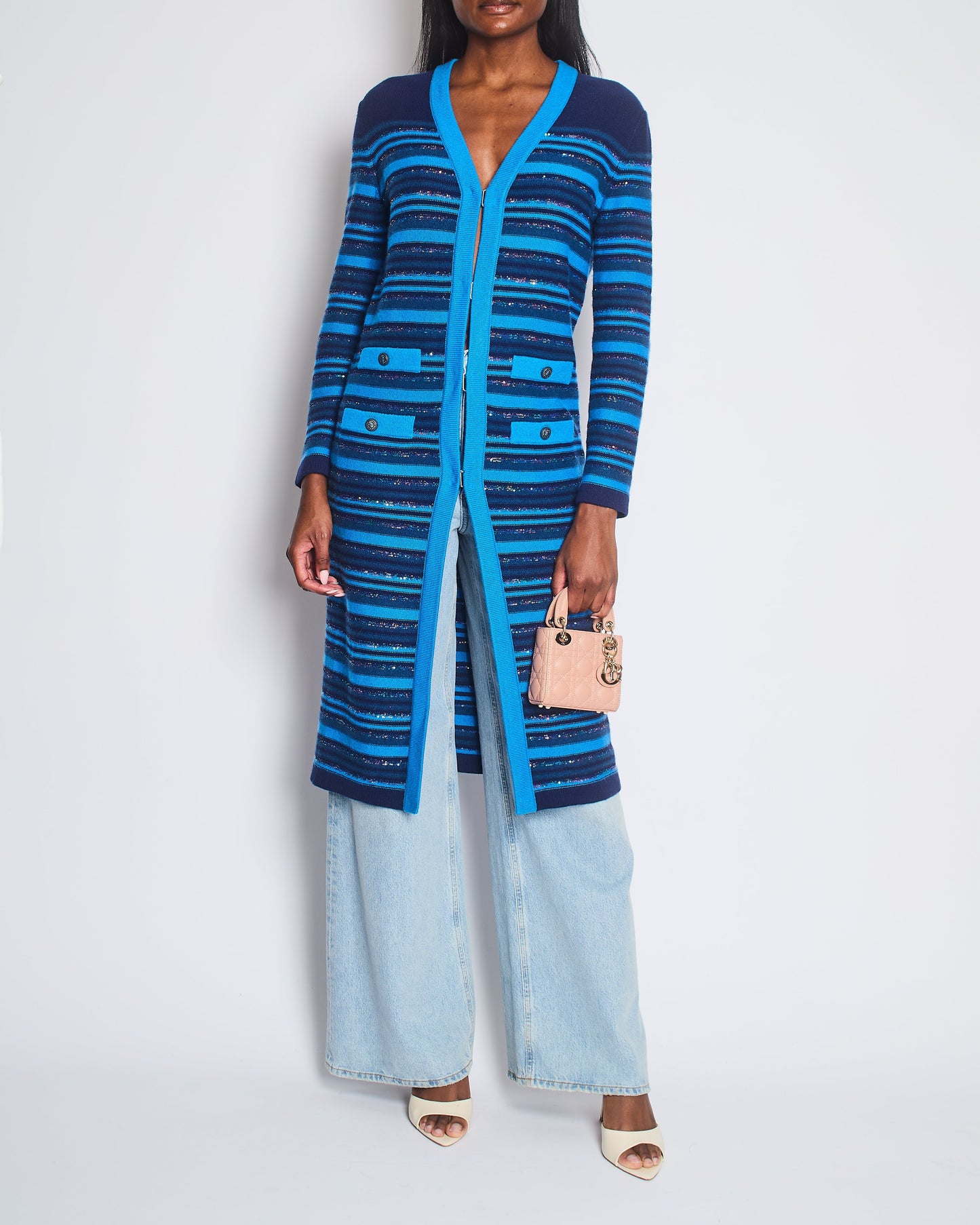 Chanel 20C Blue and Navy Cashmere Striped Long Cardigan with Multicolour Sequins Detail and Silver Camelia CC Buttons Size FR 36 (UK 8)