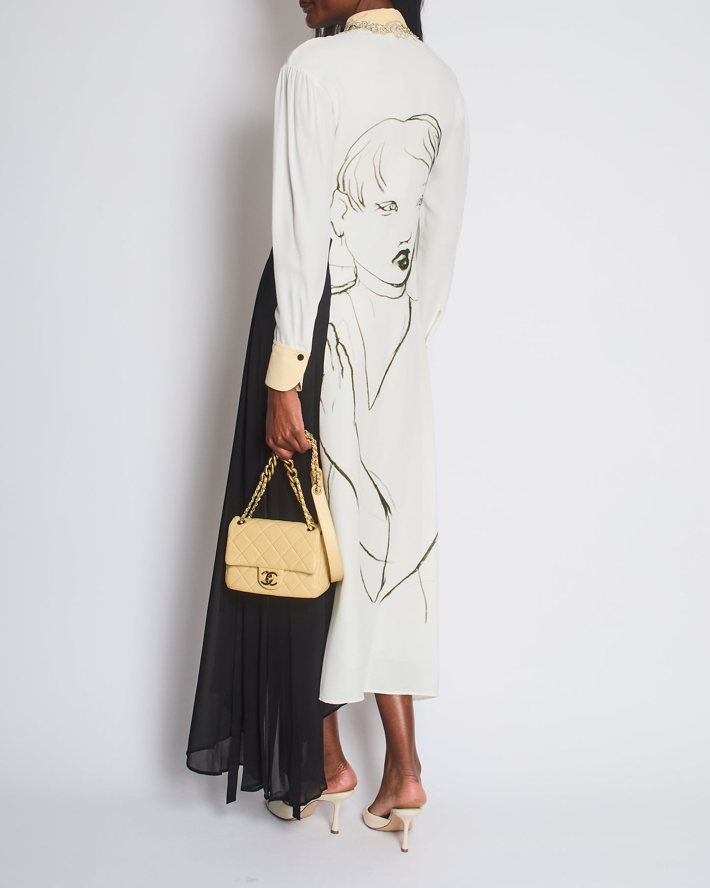 Chloe White, Cream and Black Printed Maxi Dress with Mesh Insert and Embellished Collar Size FR 34 (UK 6)