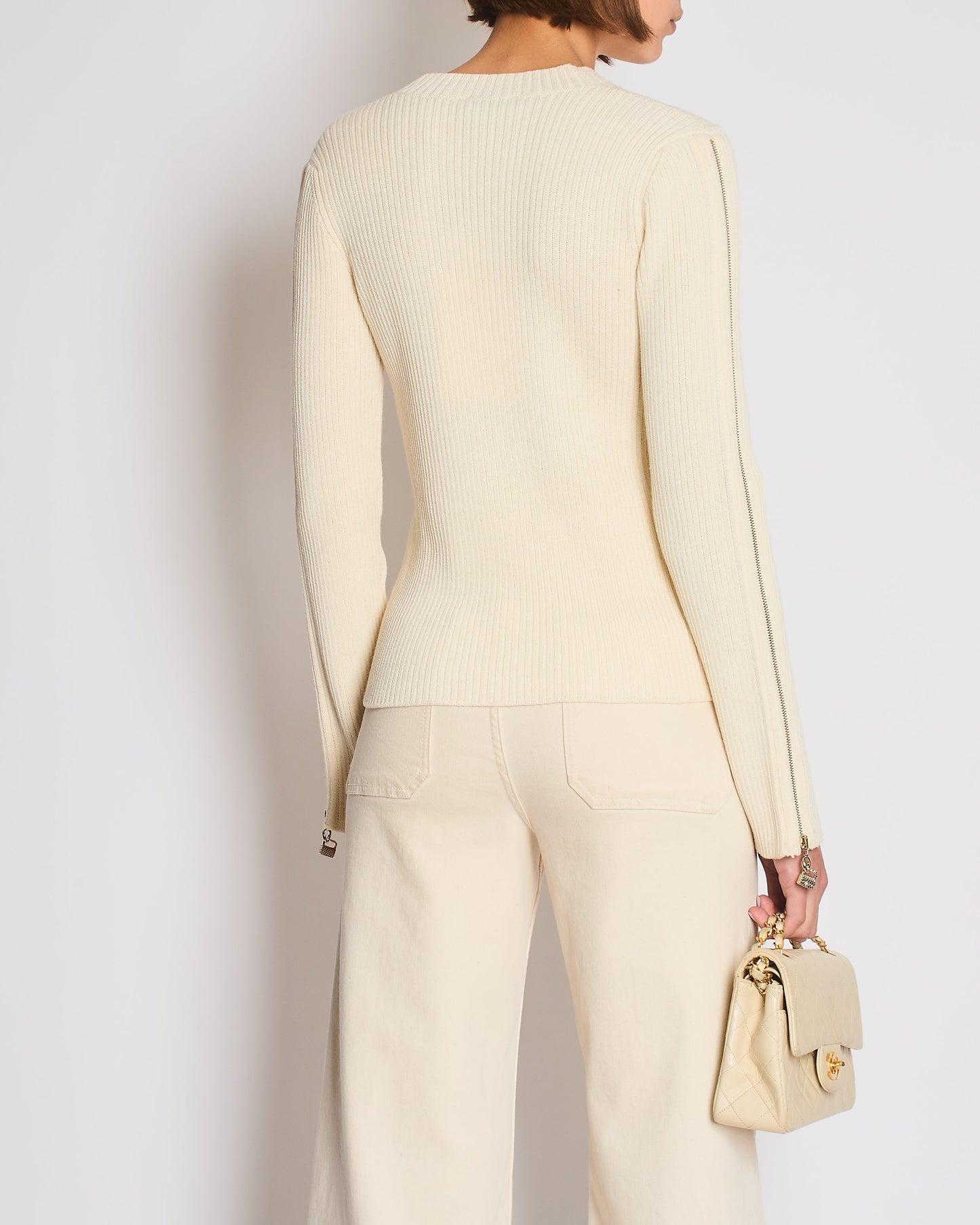 Chanel Cream Knit Wool Jumper with Gold Bag Charm Sleeve Details Size FR 38 (UK 10)
