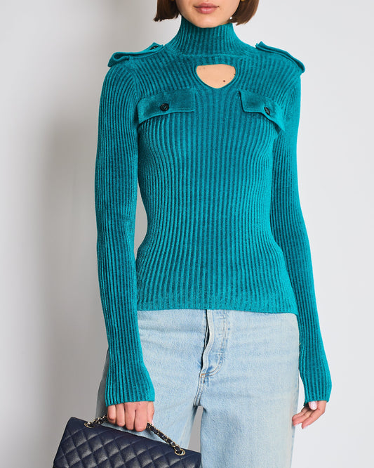 Bottega Veneta Teal Ribbed Long Sleeve High Neck Jumper with Cut Out Detail Size S (UK 6/8)