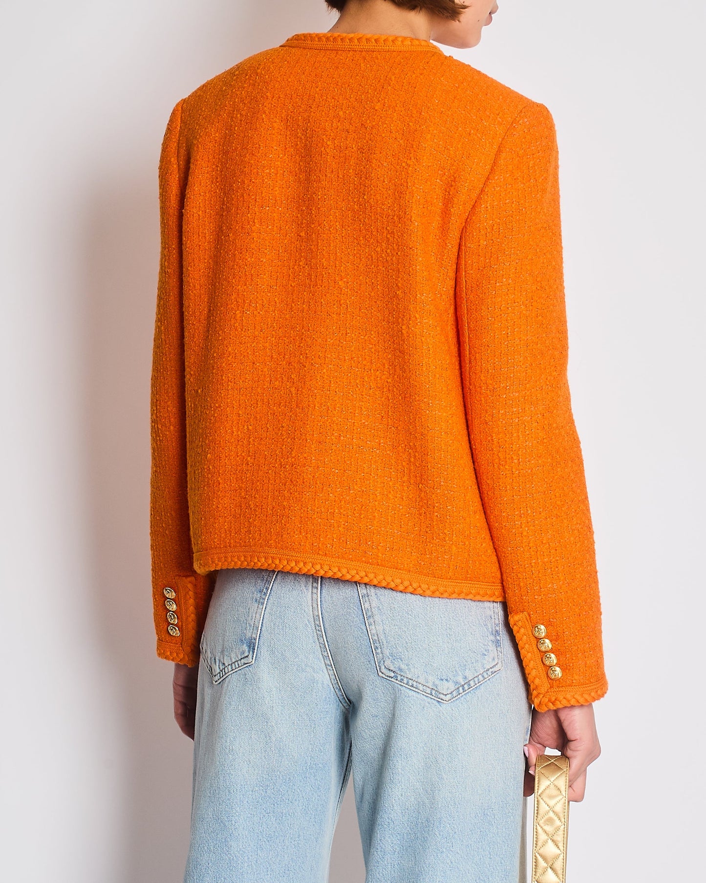 Celine Orange Tweed Round Neck Jacket with Logo Button Detail Size FR 38 (UK 10)