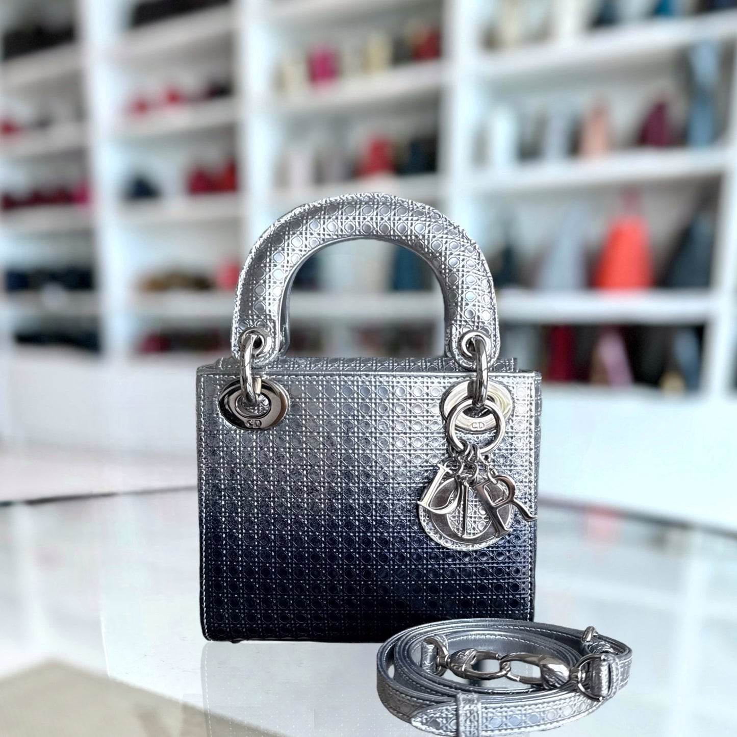 Dior Lady Mini - Micro Cannage Metallic Two-tone Silver Dark Blue Silver Hardware