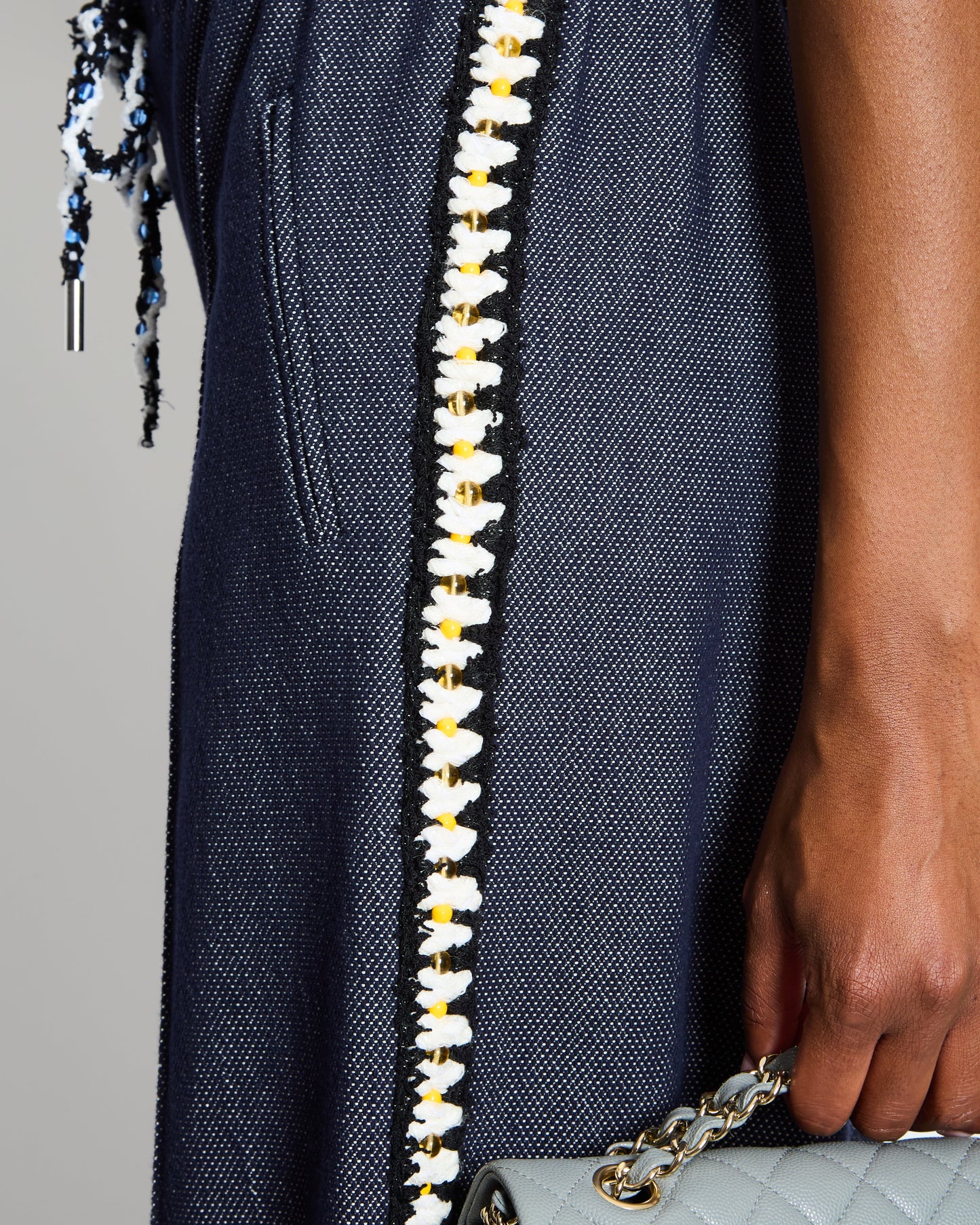 Chanel Resort 2025 Navy Bermuda Shorts with Beaded String Detail and Crocheted Side Strips Size FR 36 (UK 8)