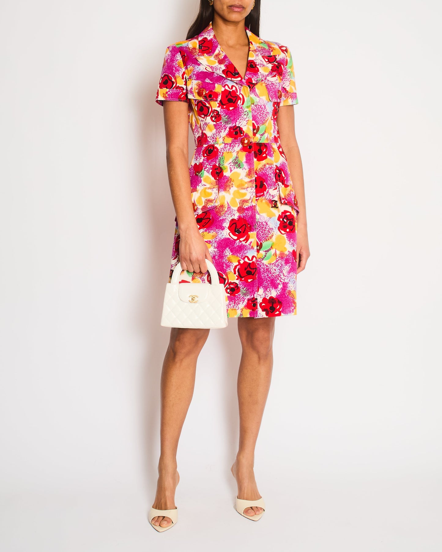 Chanel   97P Pink Multi-Colour Short Sleeved Mini Dress with Camelia Prints and Gold CC Buttons Size FR 40 (UK 12)