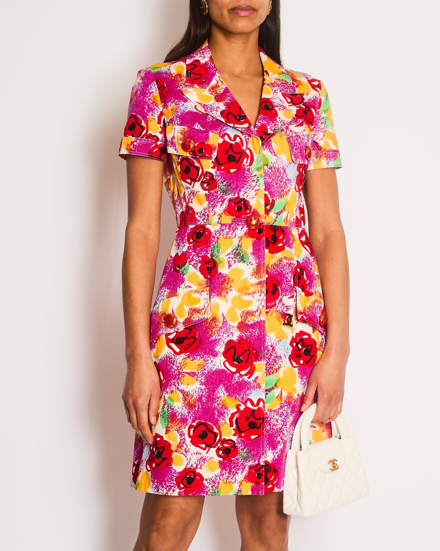 Chanel   97P Pink Multi-Colour Short Sleeved Mini Dress with Camelia Prints and Gold CC Buttons Size FR 40 (UK 12)