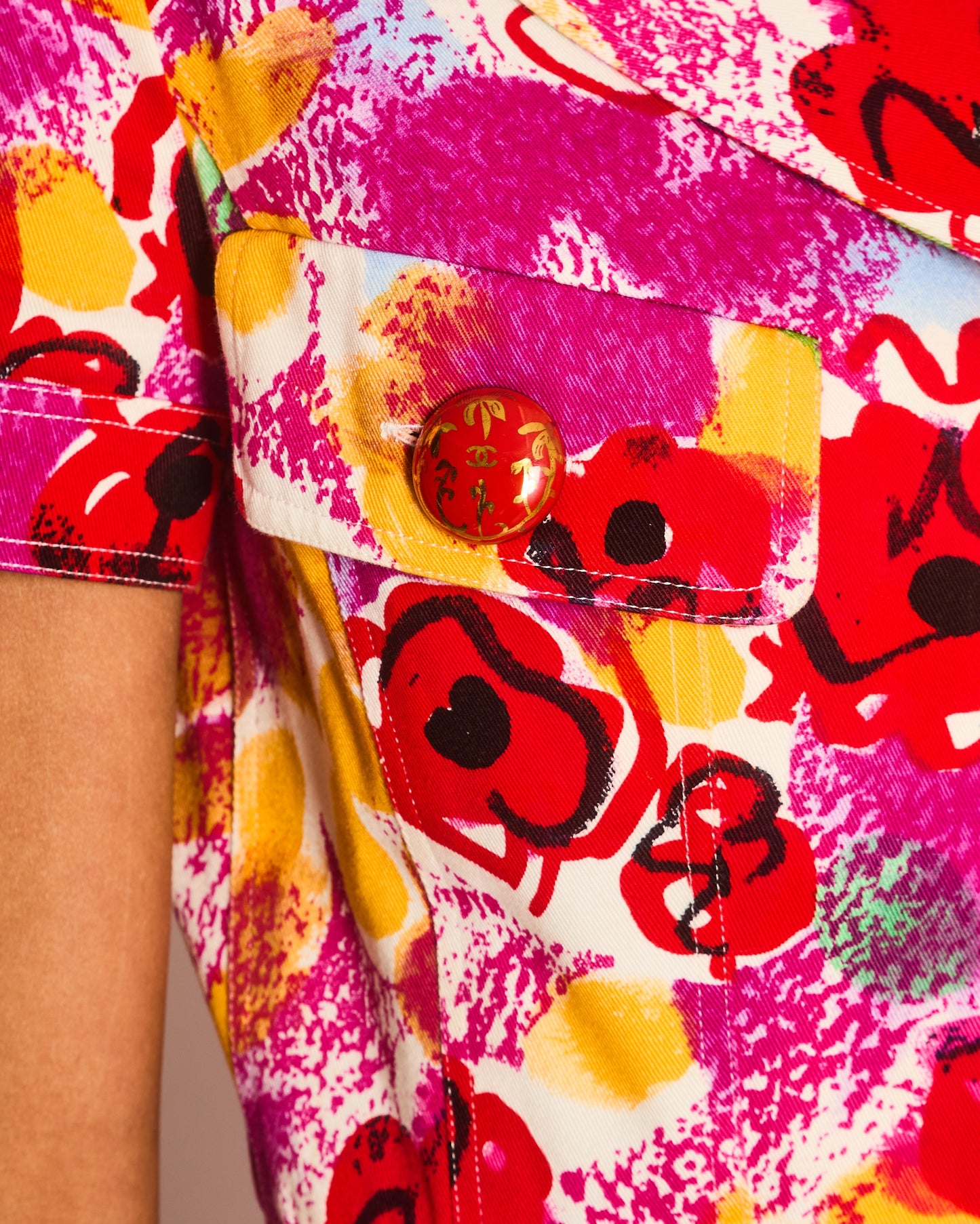 Chanel   97P Pink Multi-Colour Short Sleeved Mini Dress with Camelia Prints and Gold CC Buttons Size FR 40 (UK 12)