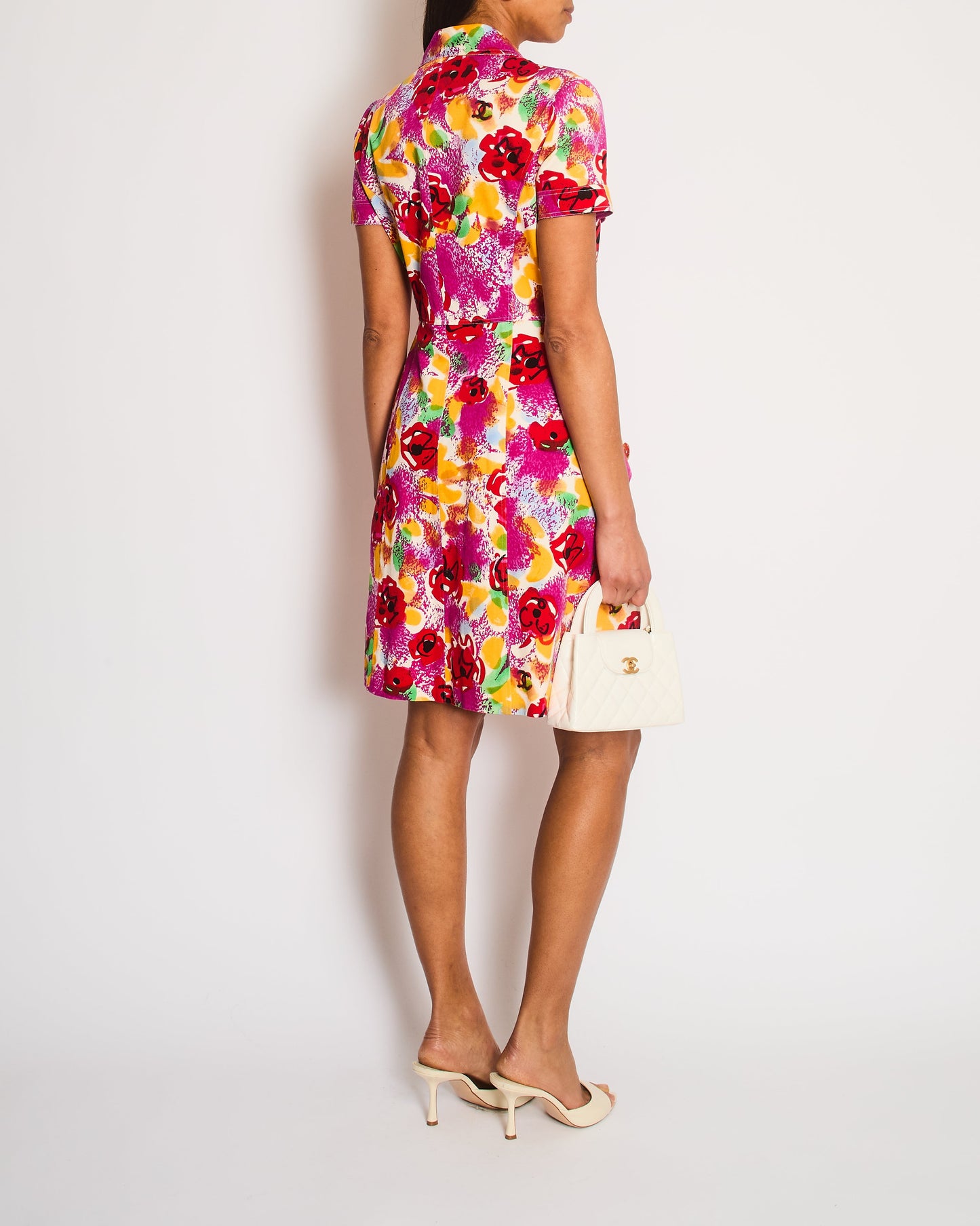 Chanel   97P Pink Multi-Colour Short Sleeved Mini Dress with Camelia Prints and Gold CC Buttons Size FR 40 (UK 12)