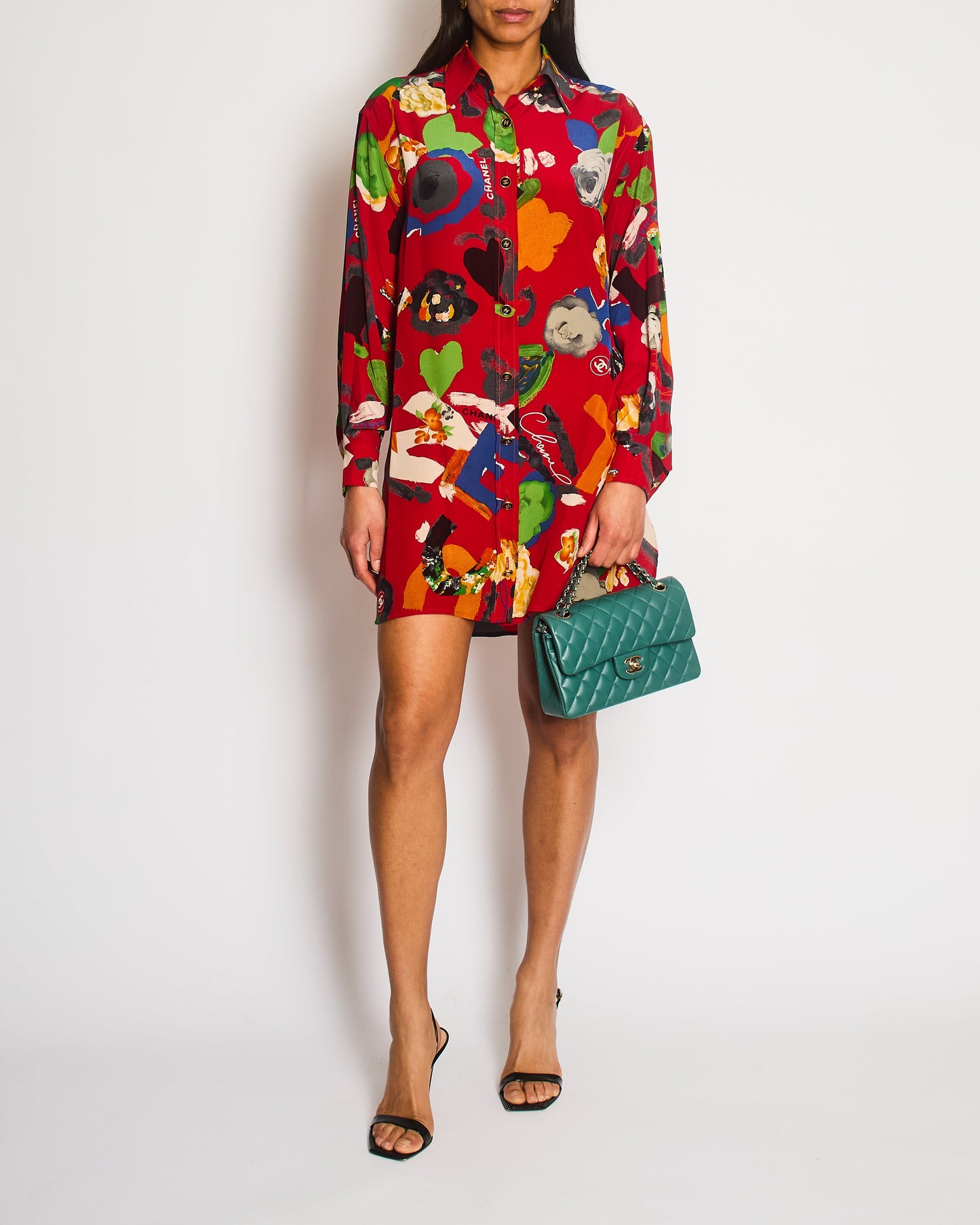 Chanel   92P Red Mini Shirt Dress with Multi-Colour Camelia and Logo Prints with Black and Gold CC Logo Buttons Details Size FR 38/40 (UK 10/12)