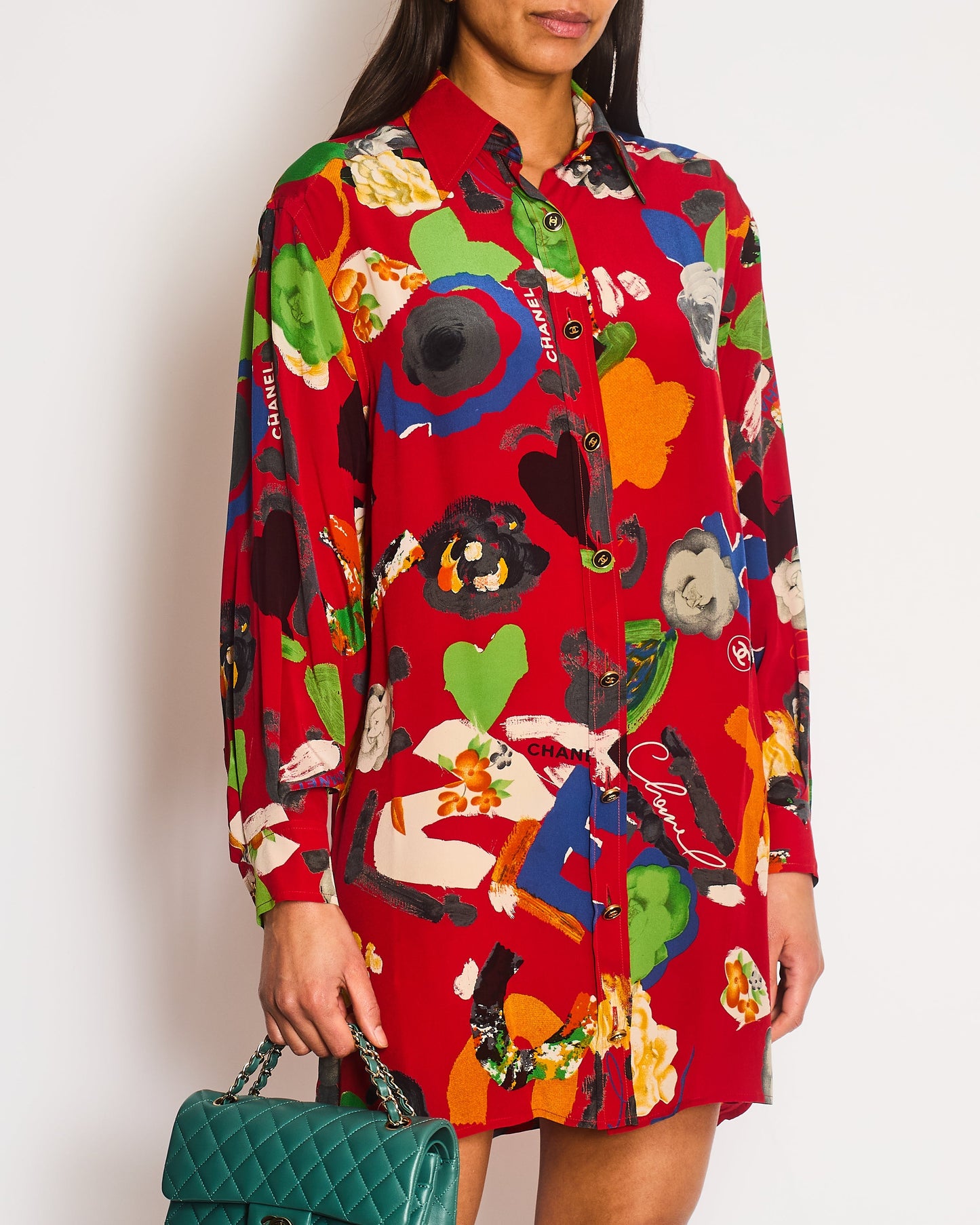 Chanel   92P Red Mini Shirt Dress with Multi-Colour Camelia and Logo Prints with Black and Gold CC Logo Buttons Details Size FR 38/40 (UK 10/12)