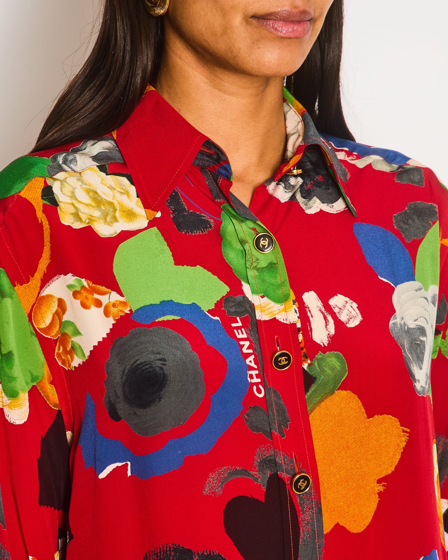 Chanel   92P Red Mini Shirt Dress with Multi-Colour Camelia and Logo Prints with Black and Gold CC Logo Buttons Details Size FR 38/40 (UK 10/12)