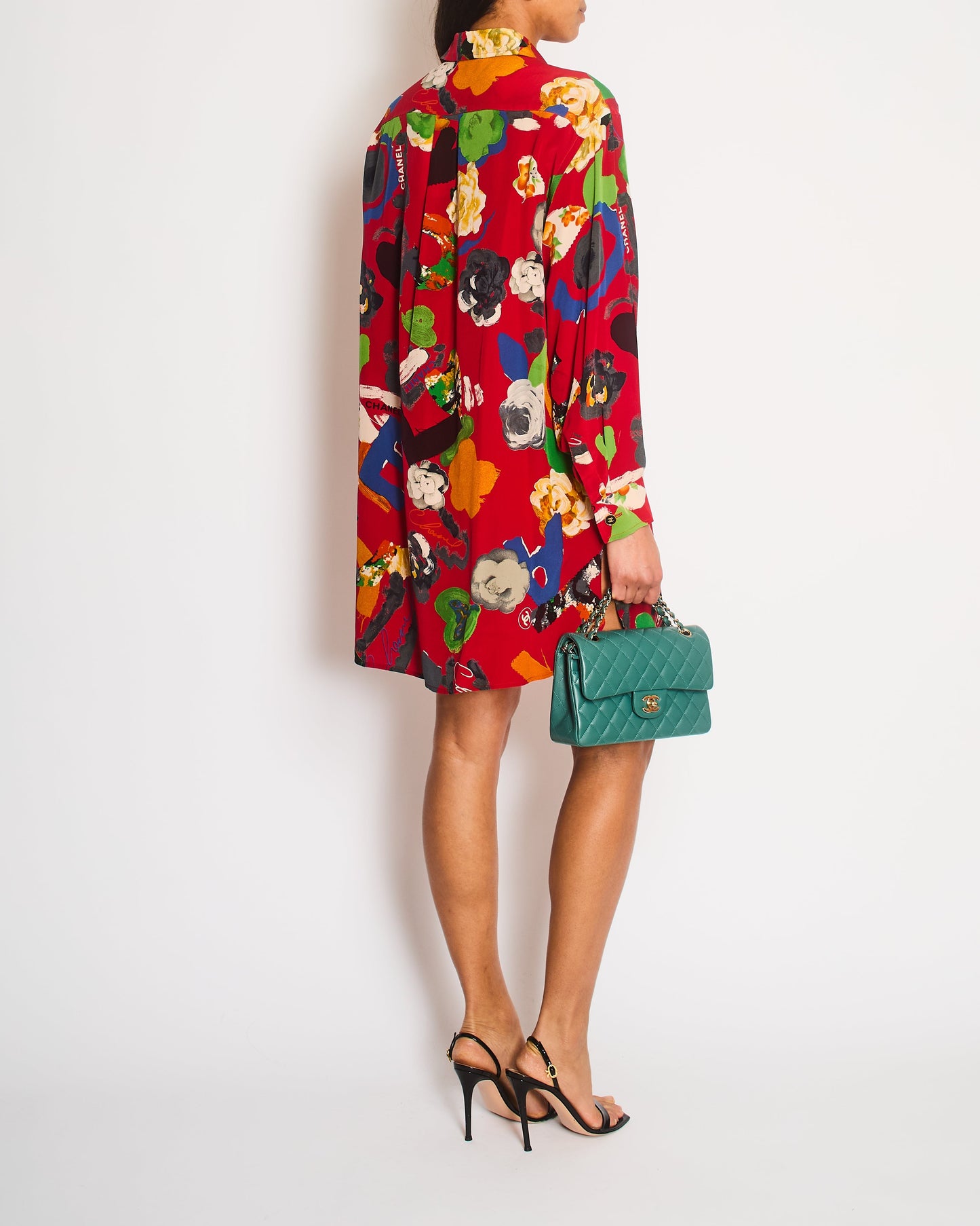 Chanel   92P Red Mini Shirt Dress with Multi-Colour Camelia and Logo Prints with Black and Gold CC Logo Buttons Details Size FR 38/40 (UK 10/12)