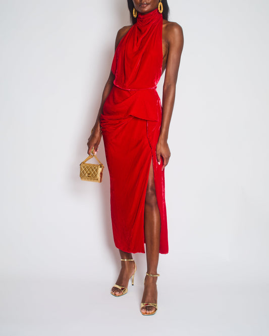 Alexander McQueen Red Velvet Dress with a Draped Cowl-Neck Design and a Ruffeled Detail at the Hip Size IT 38 (UK 6)
