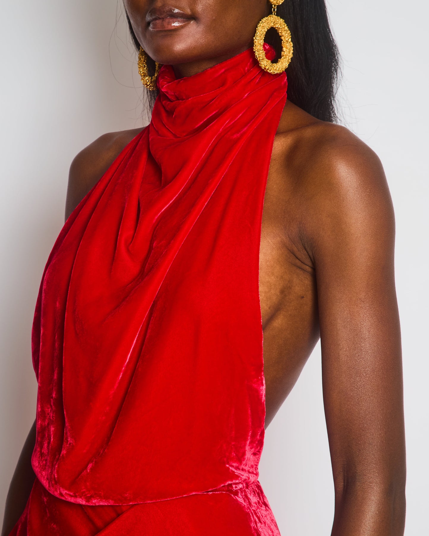 Alexander McQueen Red Velvet Dress with a Draped Cowl-Neck Design and a Ruffeled Detail at the Hip Size IT 38 (UK 6)
