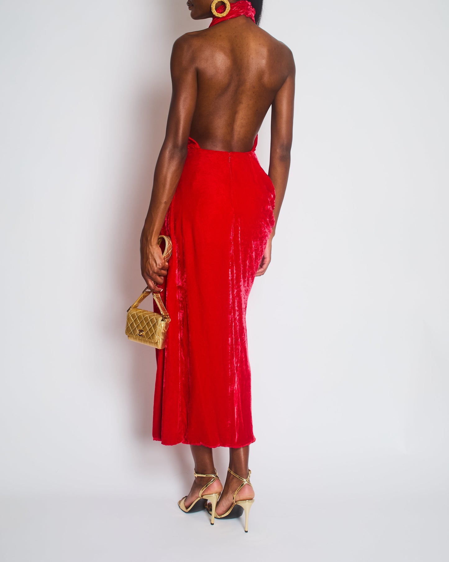 Alexander McQueen Red Velvet Dress with a Draped Cowl-Neck Design and a Ruffeled Detail at the Hip Size IT 38 (UK 6)