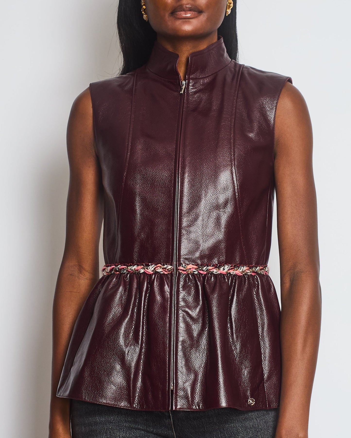 Chanel 2023 Burgundy Bordeaux Leather Gilet with Tweed Trim and Peplum Hem Size FR 36 (UK 8)