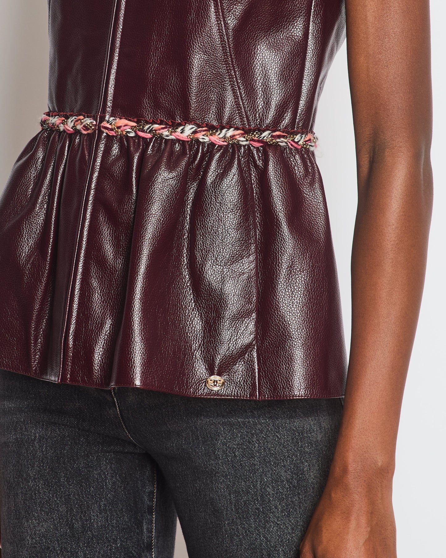 Chanel 2023 Burgundy Bordeaux Leather Gilet with Tweed Trim and Peplum Hem Size FR 36 (UK 8)