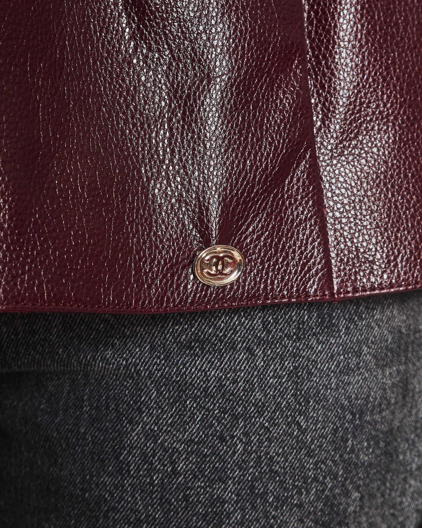 Chanel 2023 Burgundy Bordeaux Leather Gilet with Tweed Trim and Peplum Hem Size FR 36 (UK 8)