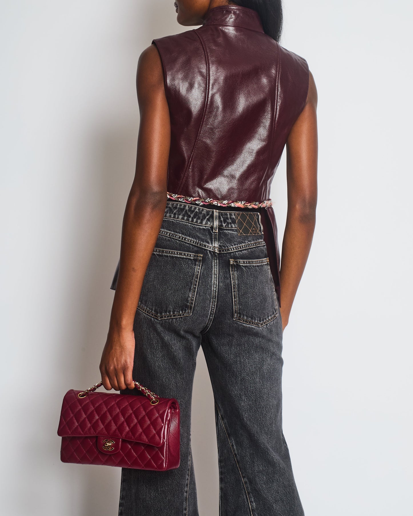Chanel 2023 Burgundy Bordeaux Leather Gilet with Tweed Trim and Peplum Hem Size FR 36 (UK 8)