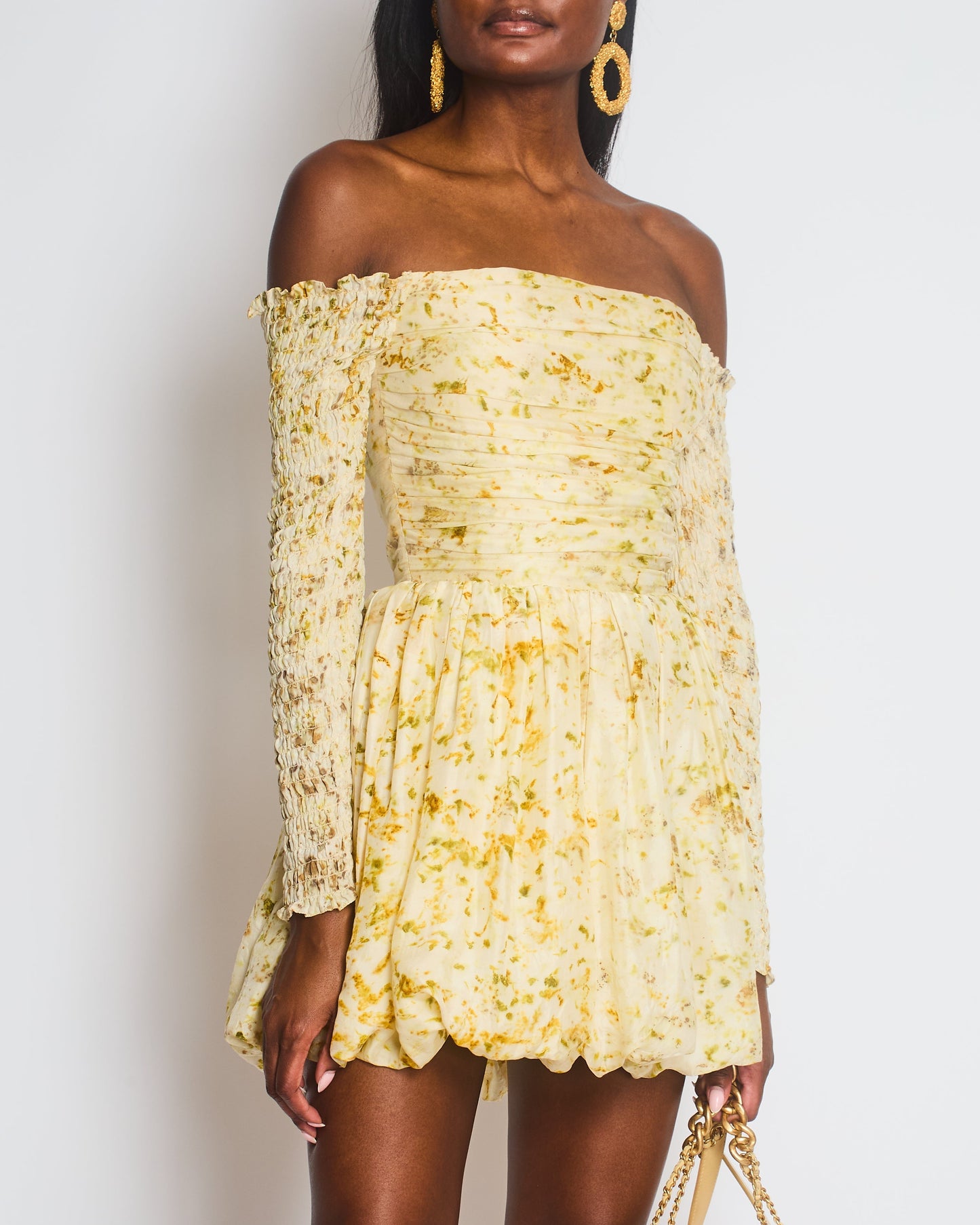 Clio Peppiatt Yellow and White Melva Off Shoulder Mini Dress Size XS (UK 6)