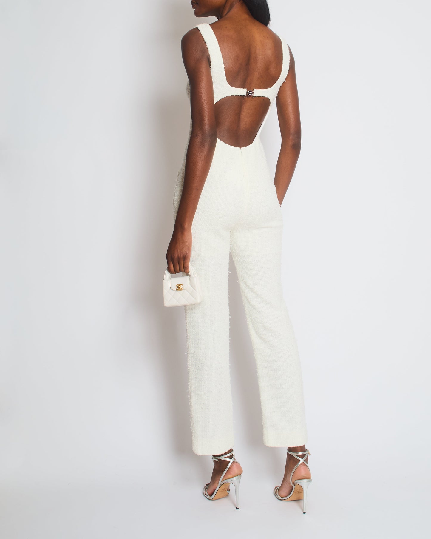 Chanel 23/M White Tweed Coco Beach Backless Jumpsuit with Crystal CC Logo Size FR 36 (UK 8)