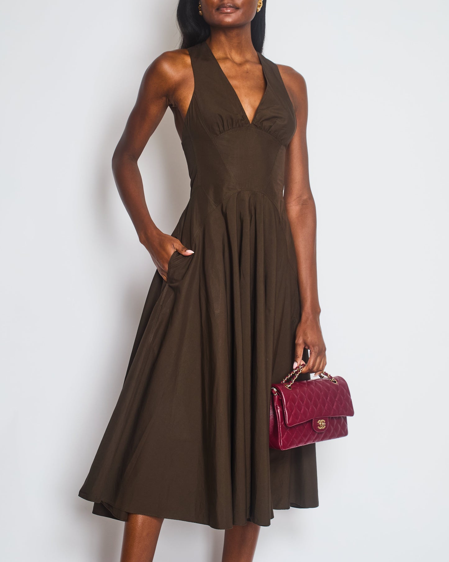 Ala•a Brown Sleeveless Midi Dress with Cross Back Straps Size FR 36 (UK 8)