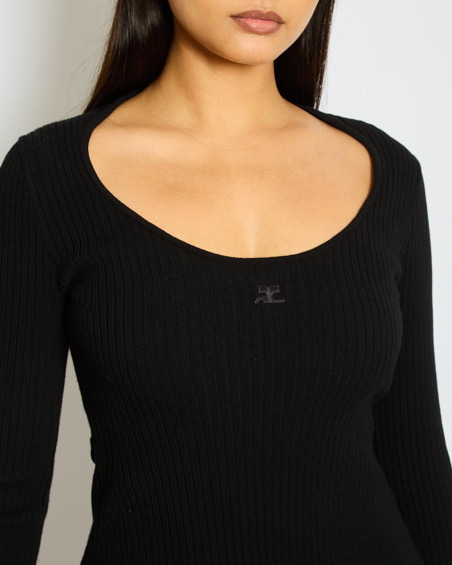 Courr�ges Black Ribbed Long Sleeves Dress with Logo Detail Size S (FR 36, UK 8)