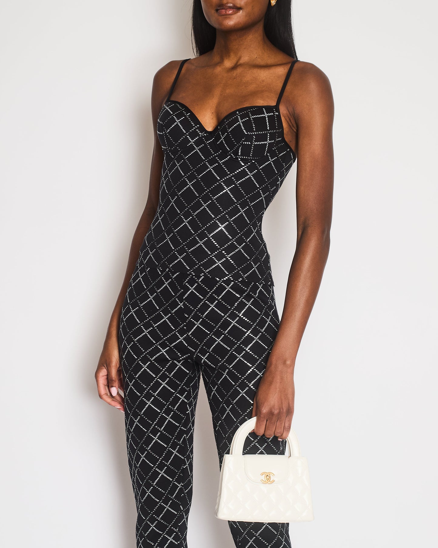 Chanel 20C Black Quilt Glittered Thin Strap Top and Leggings with Black and White CC Logo Detail Size FR 42 (UK 14)