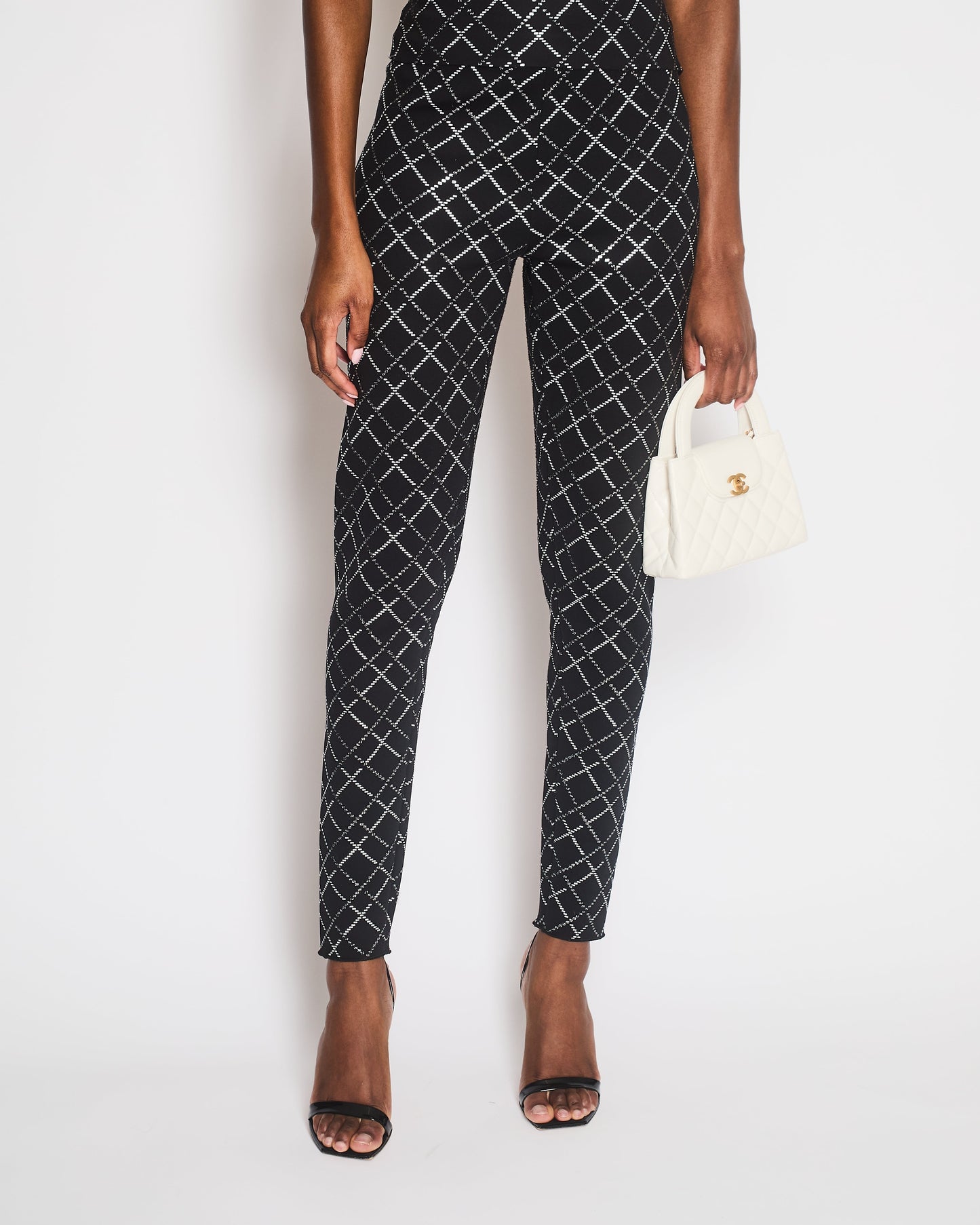 Chanel 20C Black Quilt Glittered Thin Strap Top and Leggings with Black and White CC Logo Detail Size FR 42 (UK 14)
