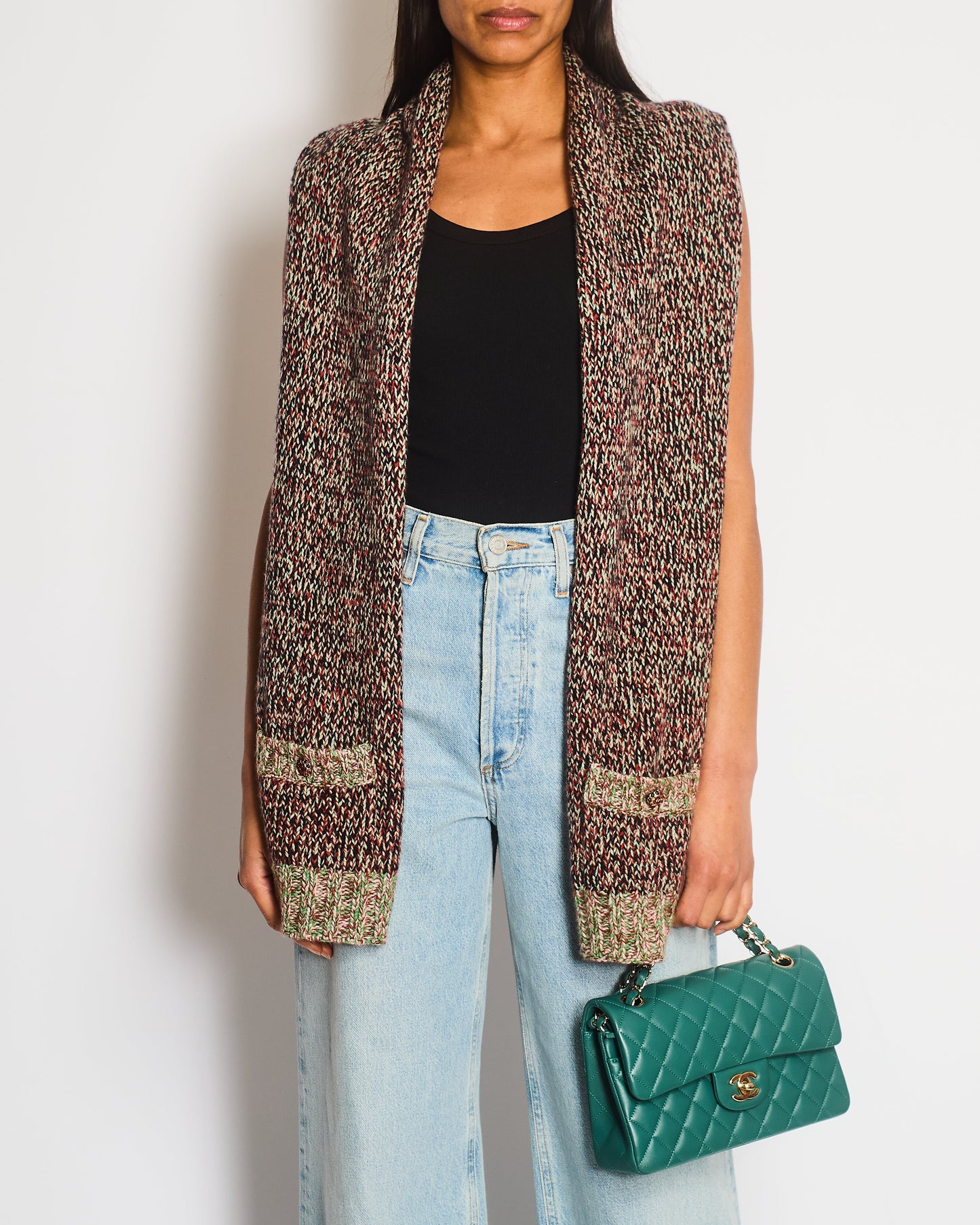 Chanel Green & Burgundy Knitted Gilet with CC Pocket Detail Size L (UK 12/14)