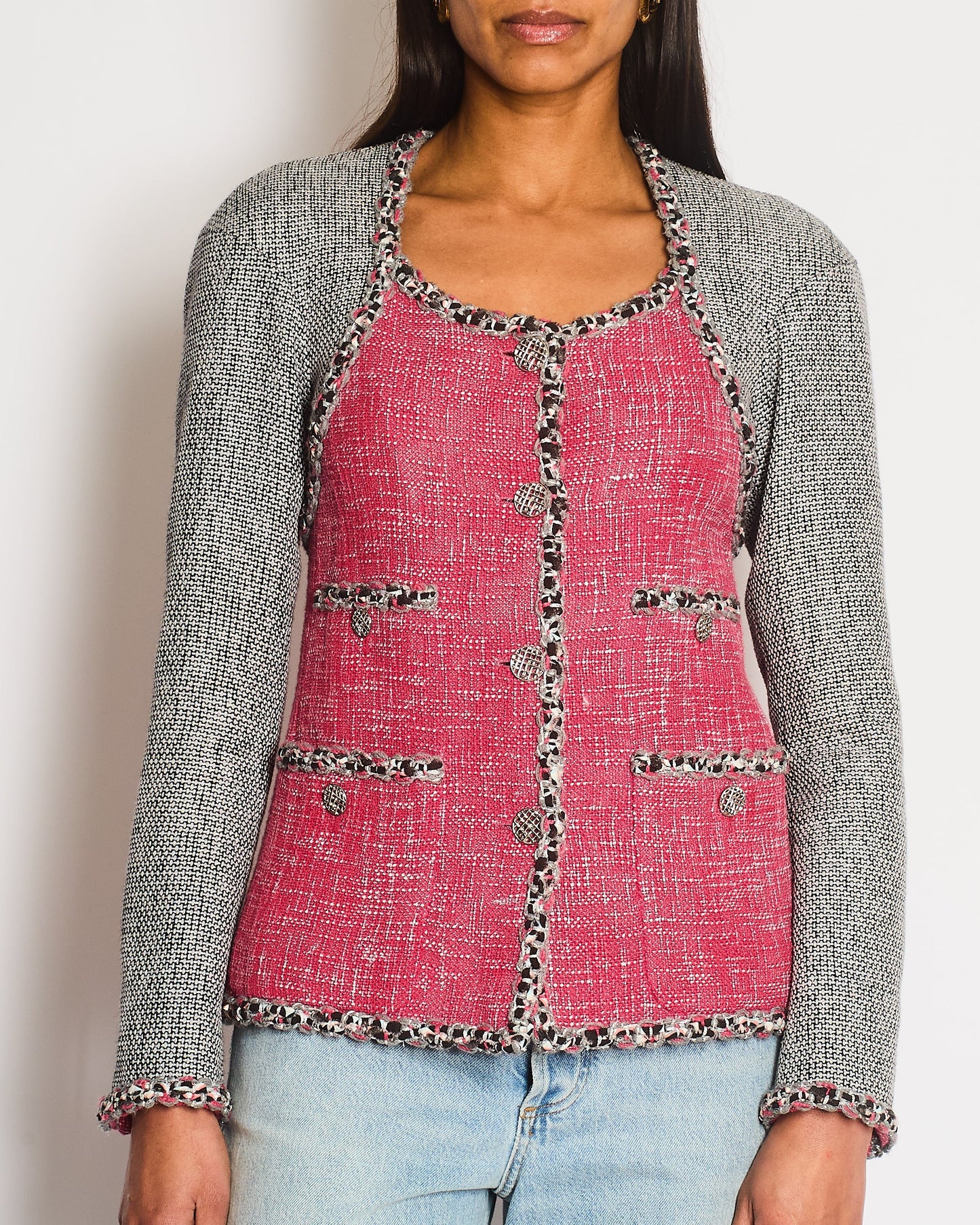 Chanel Pink and Grey Braided Trim Tweed Jacket with CC Logo Button Detailing Size FR 36 (UK 8)